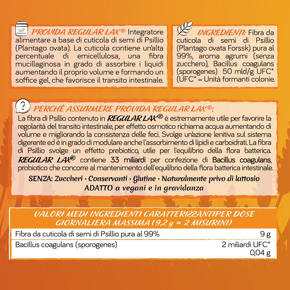 Provida Regular-Lax: Ingredienti e valori nutrizionali della fibra di psillio.