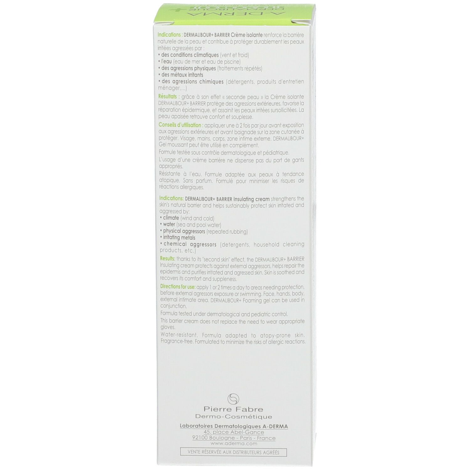 Vista laterale della confezione in cartone. Testo multilingue. Produttore: Pierre Fabre Dermo-Cosmétique.