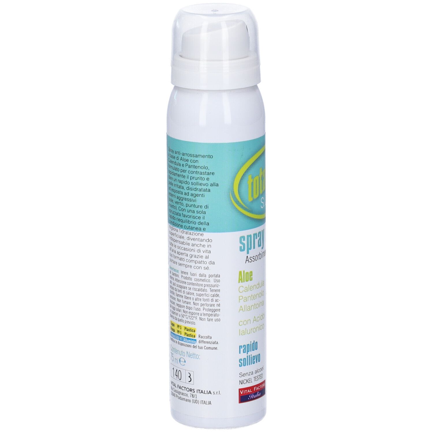 Flacone spray bianco con testo. Scritta: spray lenitivo, Aloe, Calendula, Pantenolo, Acido ialuronico. Testo in italiano.