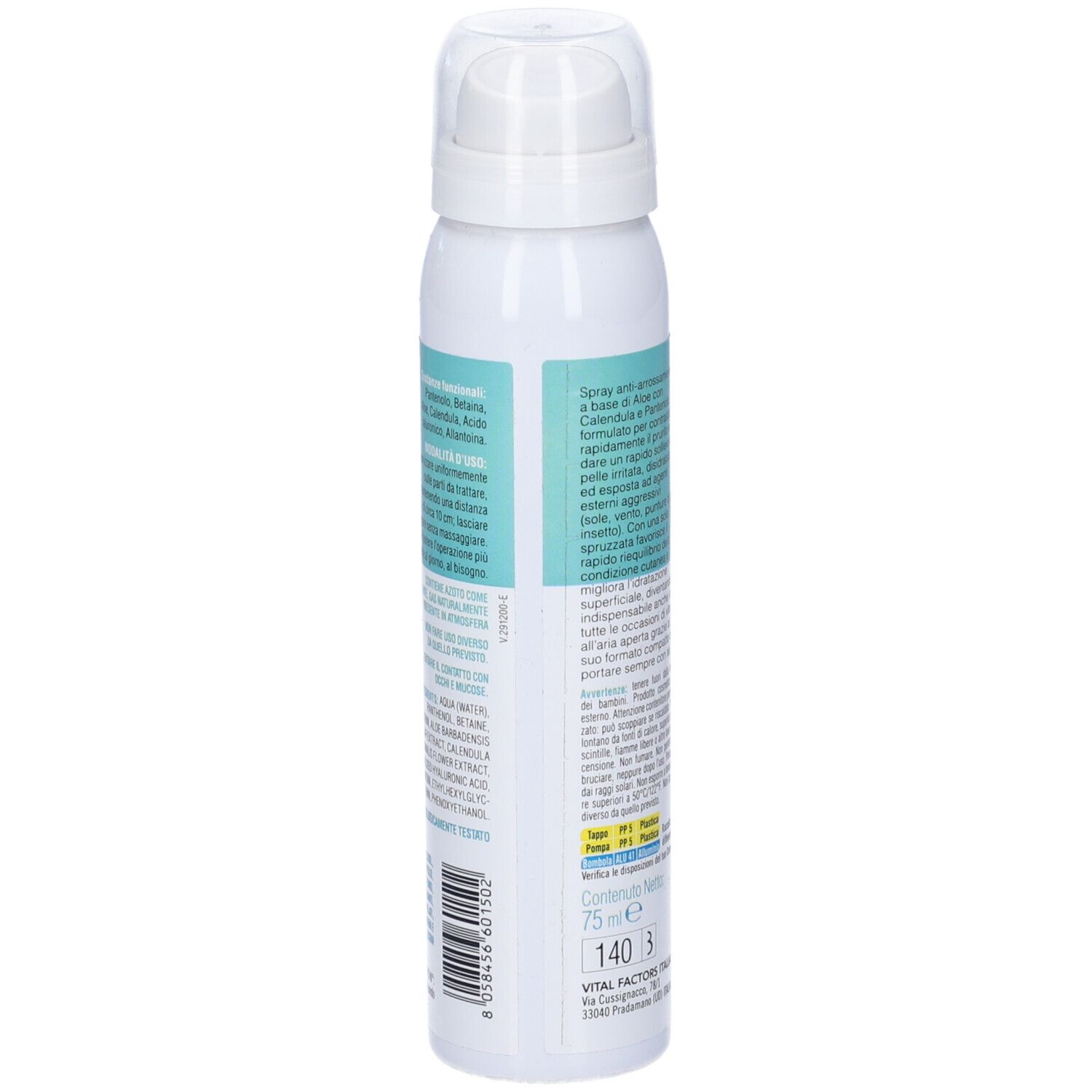 Flacone spray bianco con testo. Testo in italiano. Contiene informazioni sugli ingredienti e l'uso.