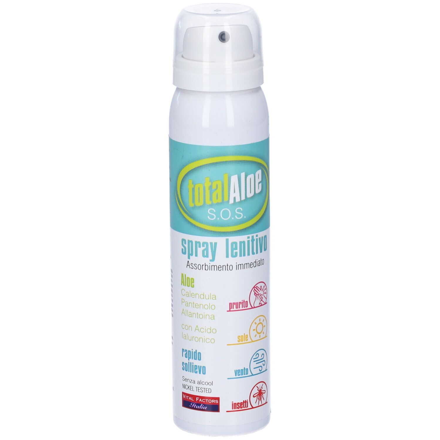 Flacone spray bianco con fascia blu-verde. Scritta: totalAloe s.o.s. spray lenitivo. Simboli: prurito, sole, vento, insetti.