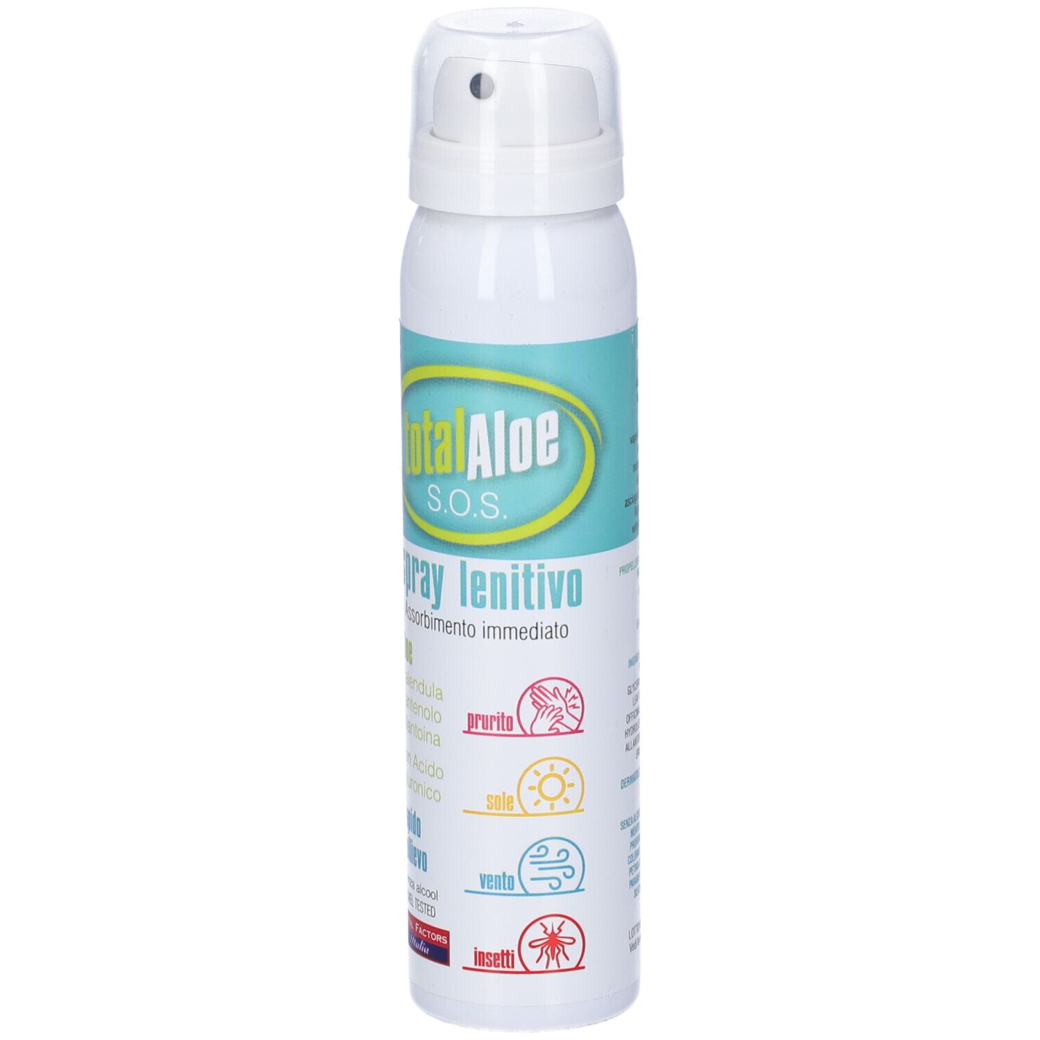 Flacone spray bianco con fascia blu-verde. Scritta: totalAloe s.o.s. spray lenitivo. Simboli: prurito, sole, vento, insetti.