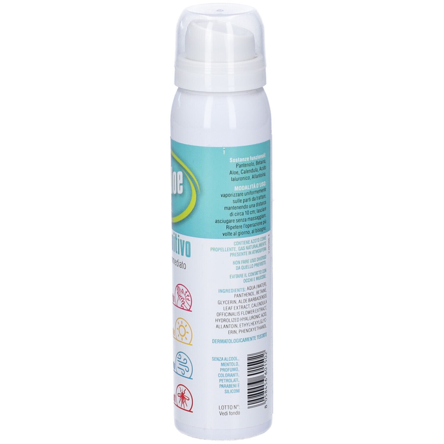 Flacone spray bianco con testo. Scritta: spray lenitivo, Aloe, Calendula, Pantenolo, Acido ialuronico. Testo in italiano.