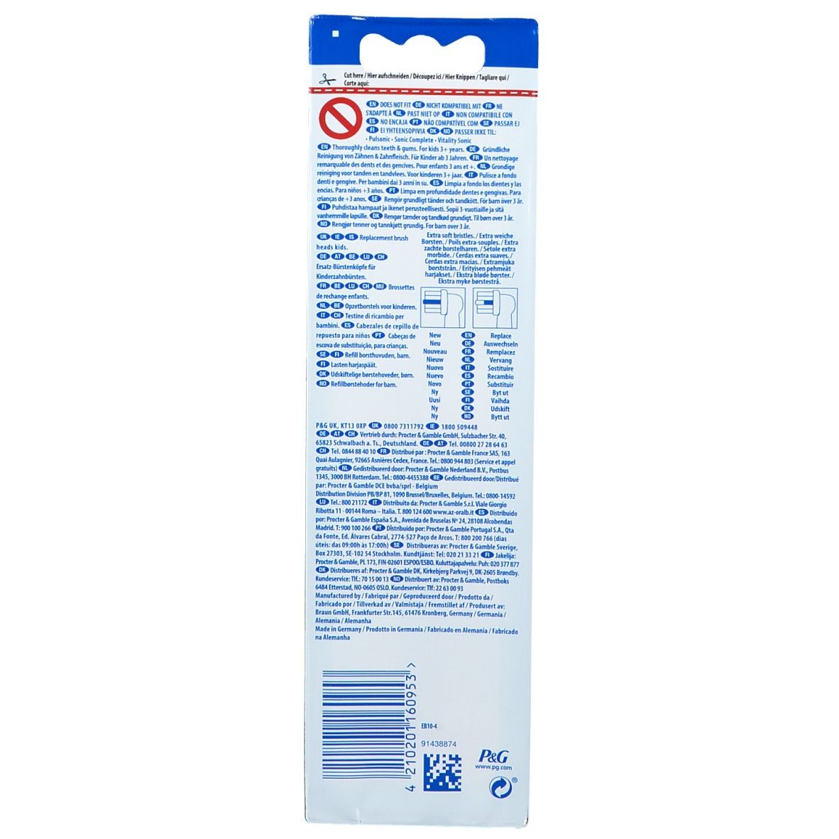 Retro della confezione delle testine Oral-B Star Wars. Testo multilingue. Contiene informazioni sull'uso e gli ingredienti.