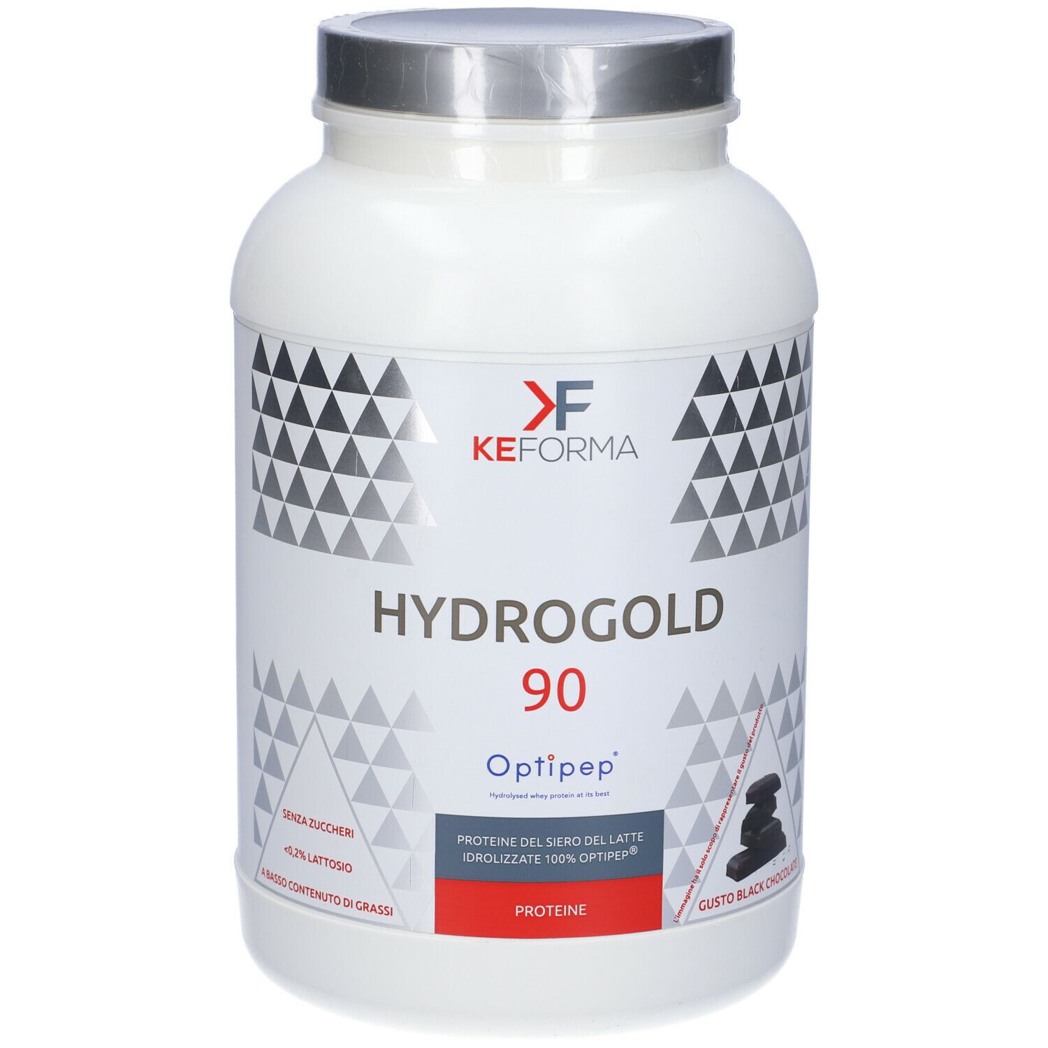 Contenitore bianco di proteine in polvere Hydrogold 90, Optipep e gusto Black Chocolate. Coperchio argentato.