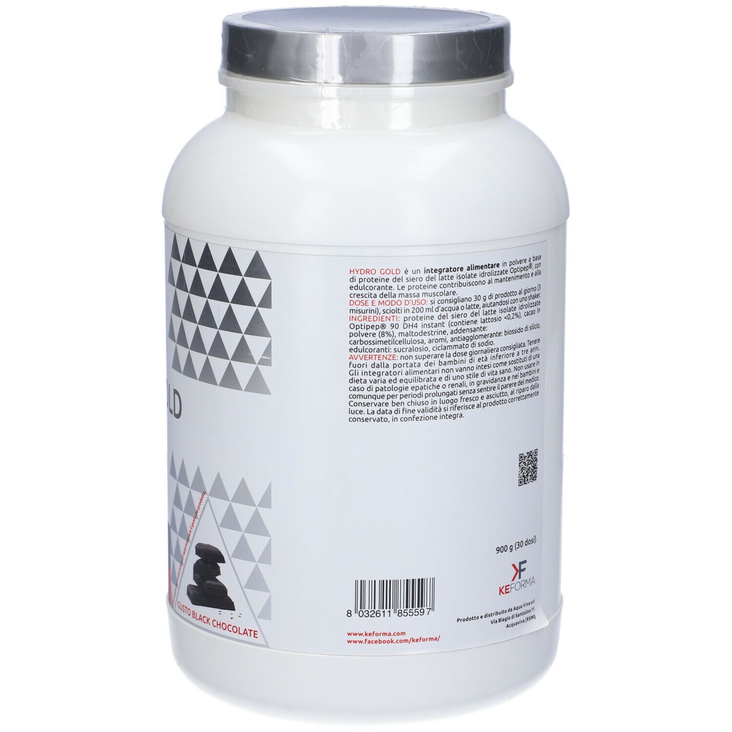 Retro del contenitore di proteine in polvere bianco. Contiene informazioni sul prodotto e loghi. Coperchio argentato.