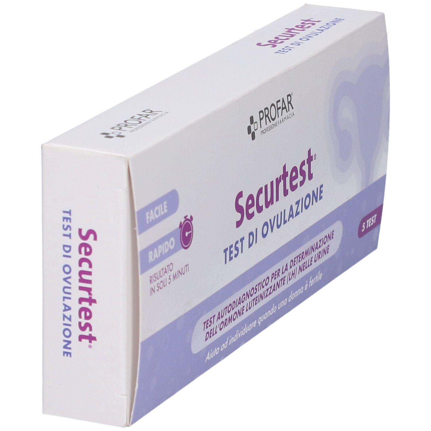 Profar Securtest Test di Ovulazione, vista laterale. Indica 'Securtest Test di Ovulazione'.
