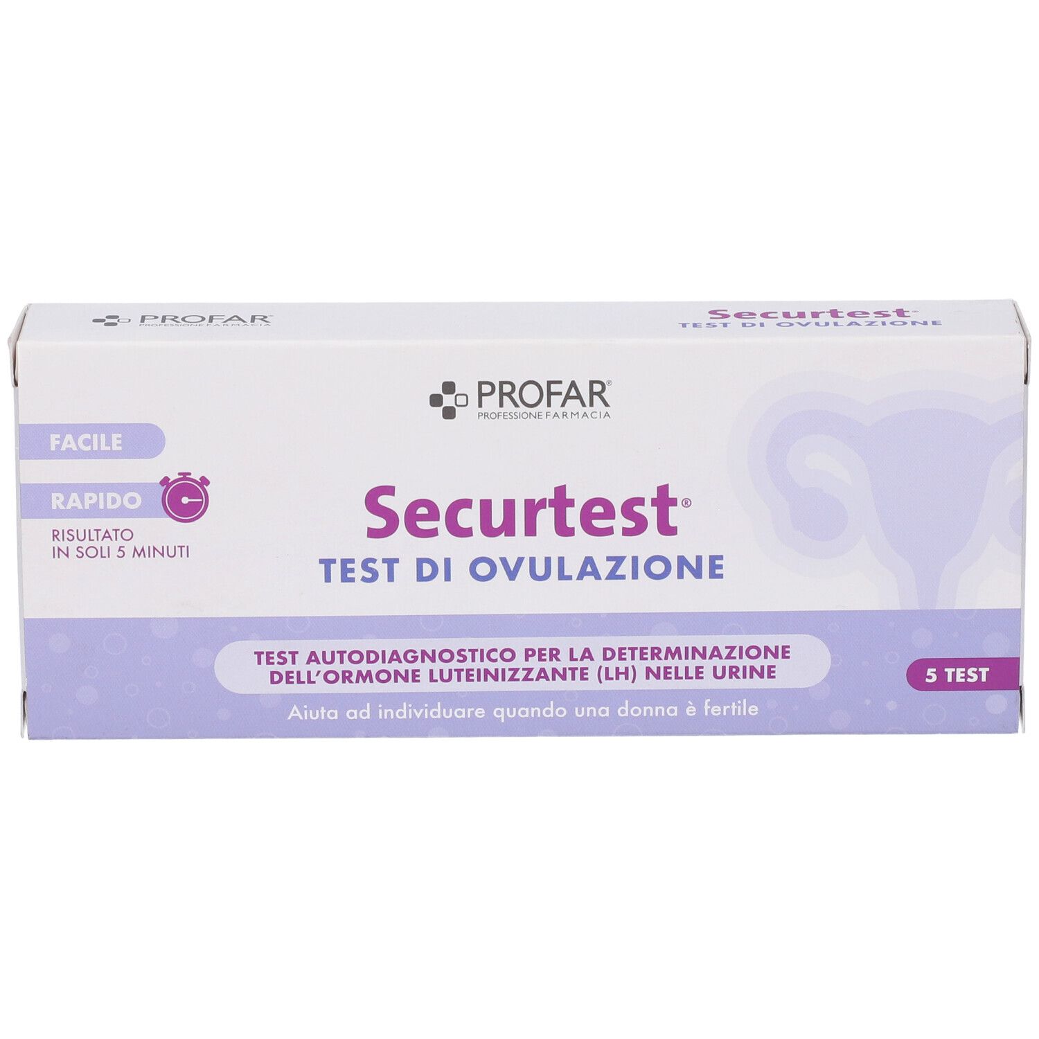 Profar Securtest Test di Ovulazione, fronte. Scritte 'Facile', 'Rapido', 'Risultato in soli 5 minuti'.
