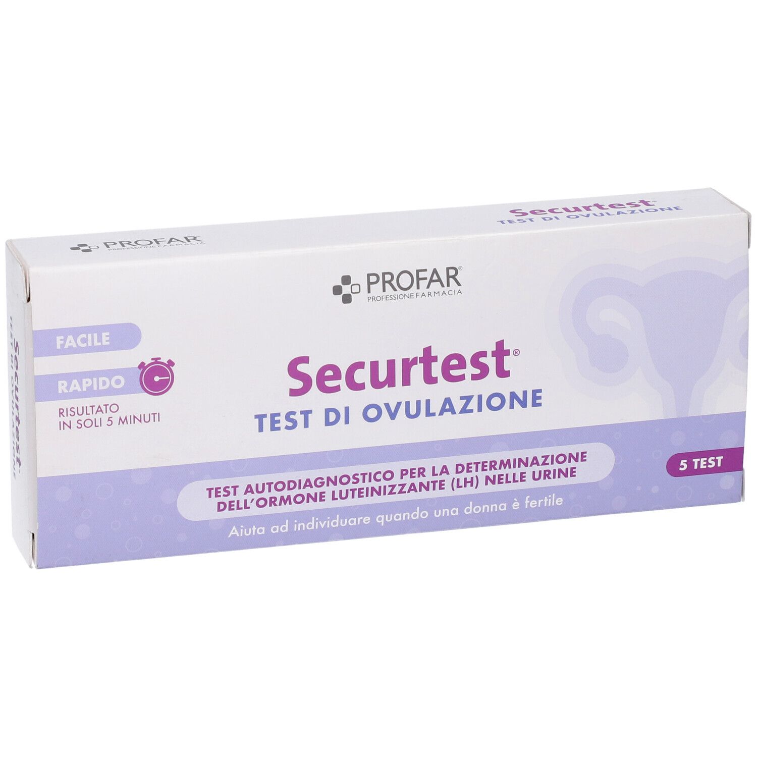 Profar Securtest Test di Ovulazione, 5 test. Include illustrazione del sistema riproduttivo femminile.