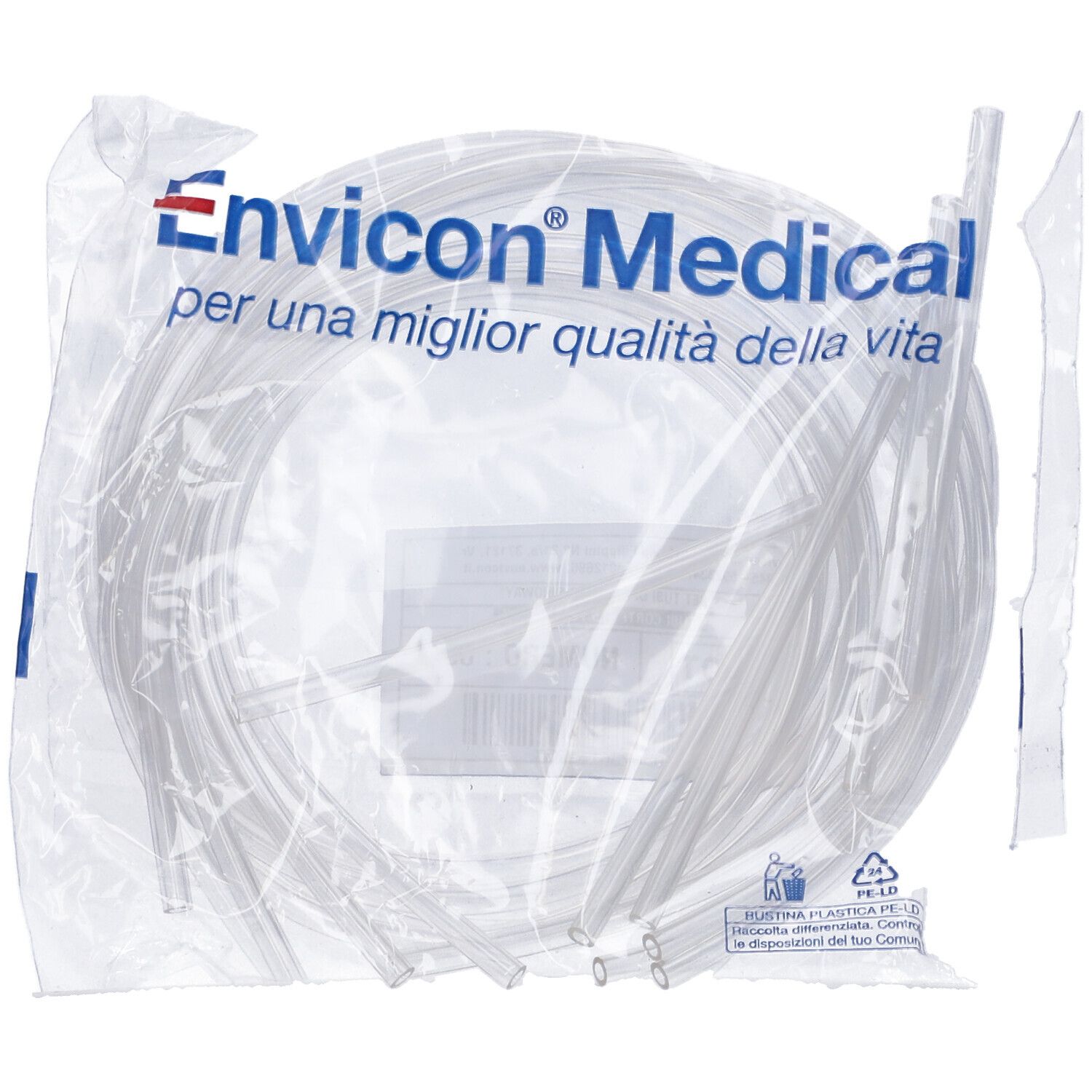 Confezione trasparente con tubi. Scritto: Envicon Medical. Testo: per una miglior qualità della vita.