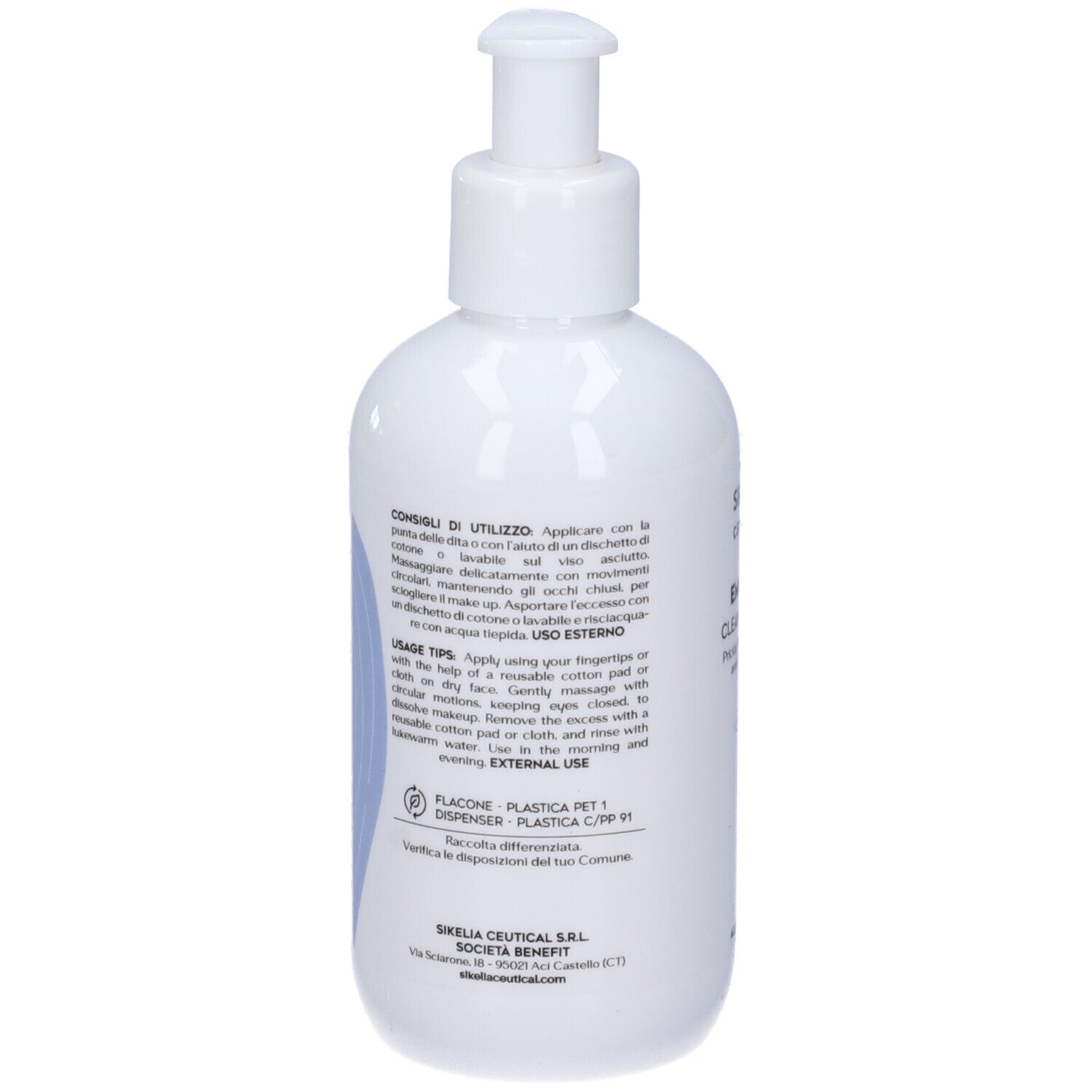 Retro di un flacone bianco con dosatore. Testo: Consigli d'uso, istruzioni per l'uso. Flacone in plastica.