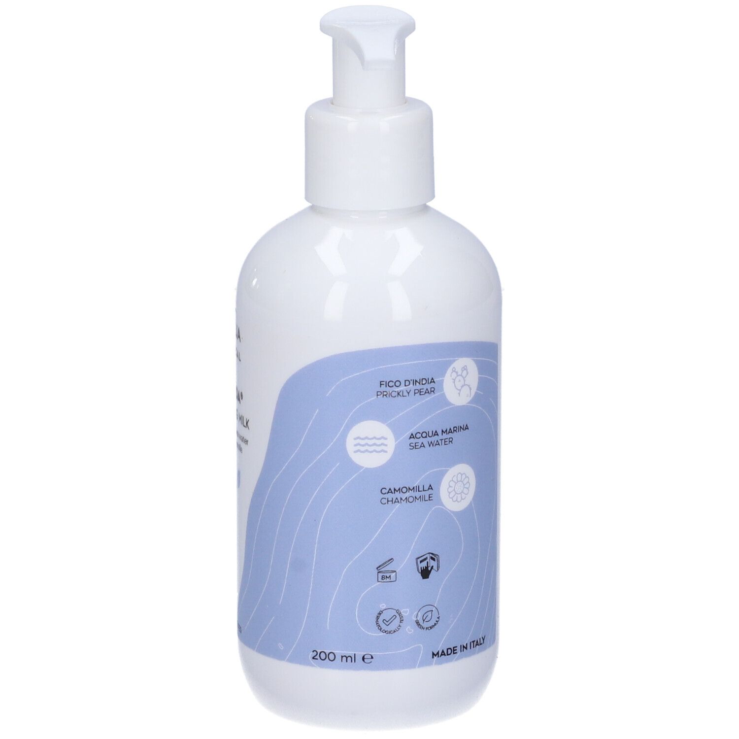 Retro di un flacone bianco con dosatore. Testo: Ingredienti, 200 ml. Prodotto in Italia. Simboli.