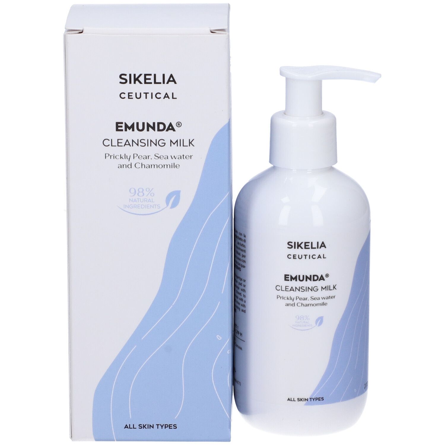 Confezione del prodotto. Scatola bianca e flacone con dosatore. Scritta: Sikelia Ceutical, Emunda Cleansing Milk. 98% ingredienti naturali.