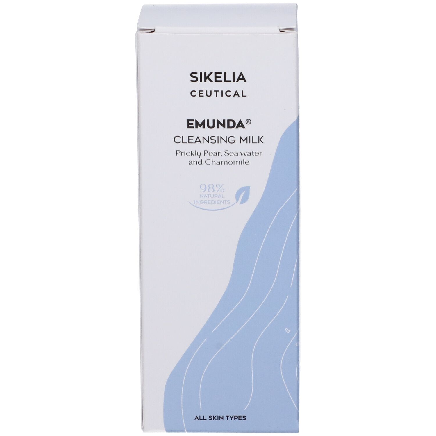 Confezione del prodotto bianca. Scritta: Sikelia Ceutical, Emunda Cleansing Milk. 98% ingredienti naturali. Onde blu.