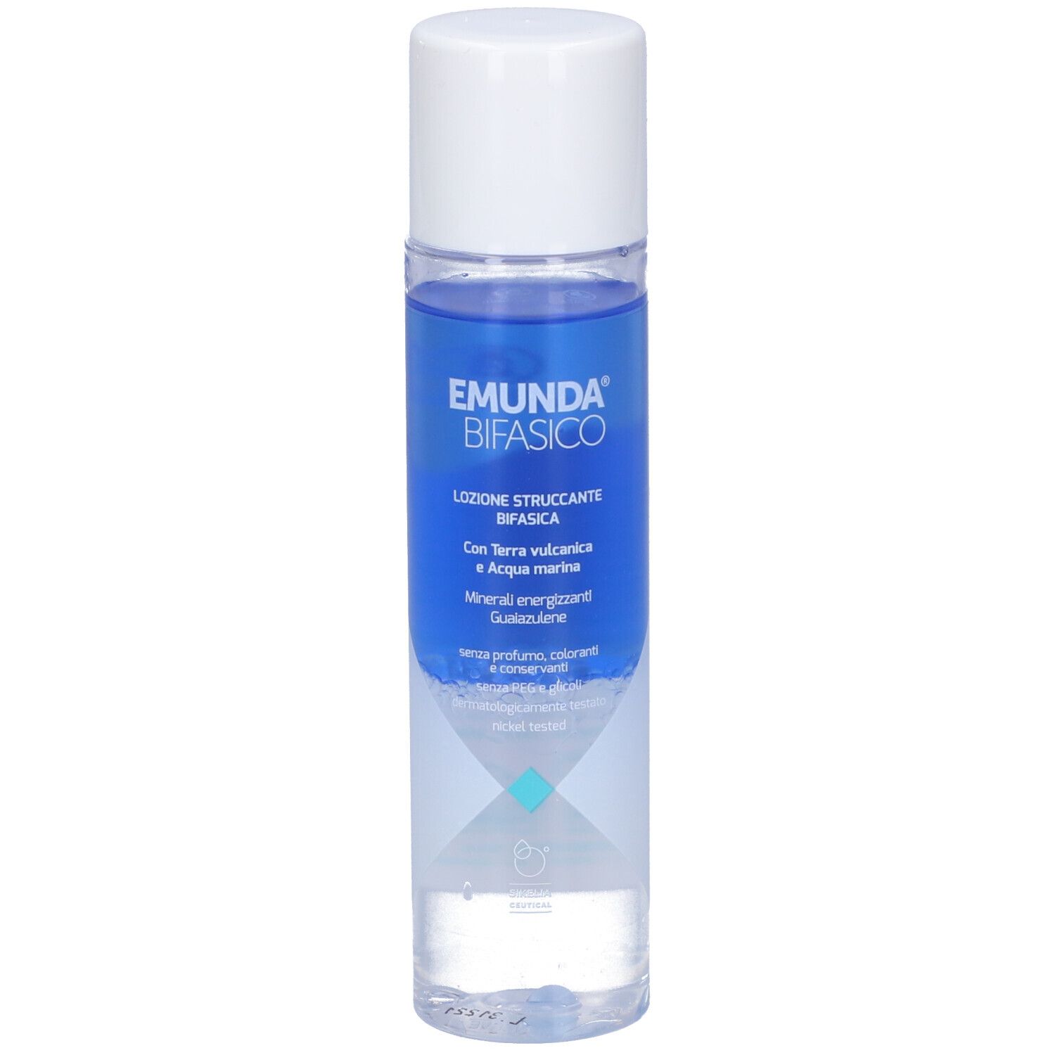 Flacone cilindrico con tappo bianco. Scritta: EMUNDA BIFASICO. Liquido blu. Testo: LOZIONE STRUCCANTE BIFASICA.