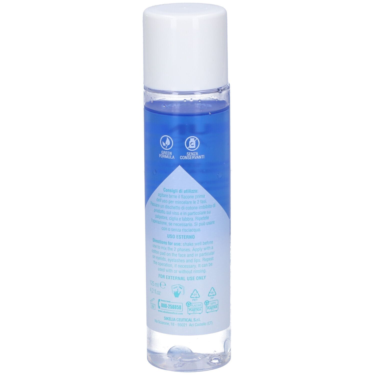 Flacone cilindrico con tappo bianco. Scritta: EMUNDA BIFASICO. Retro con testo e simboli.