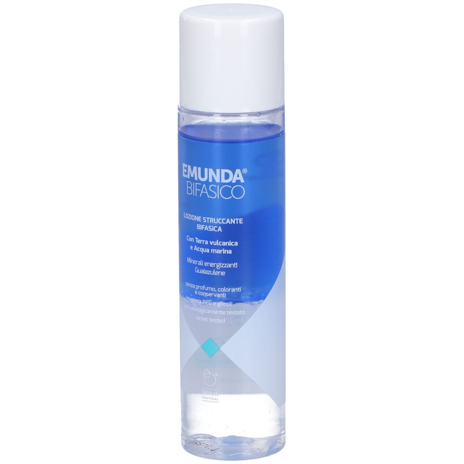 Flacone cilindrico con tappo bianco. Scritta: EMUNDA BIFASICO. Liquido blu. Testo: LOZIONE STRUCCANTE BIFASICA.