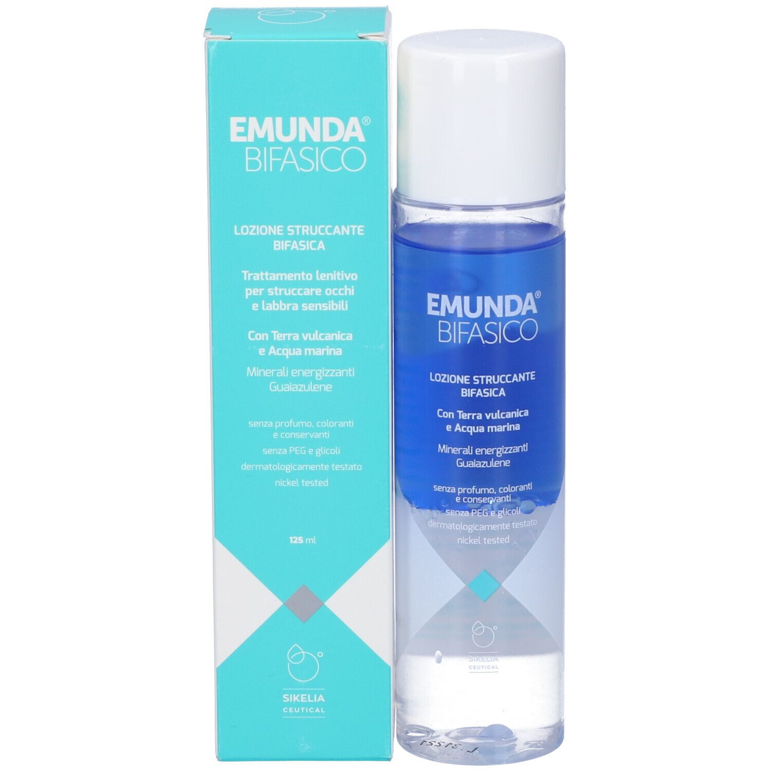 Flacone e scatola del prodotto. Scritta: EMUNDA BIFASICO. Testo: LOZIONE STRUCCANTE BIFASICA. 125 ml.