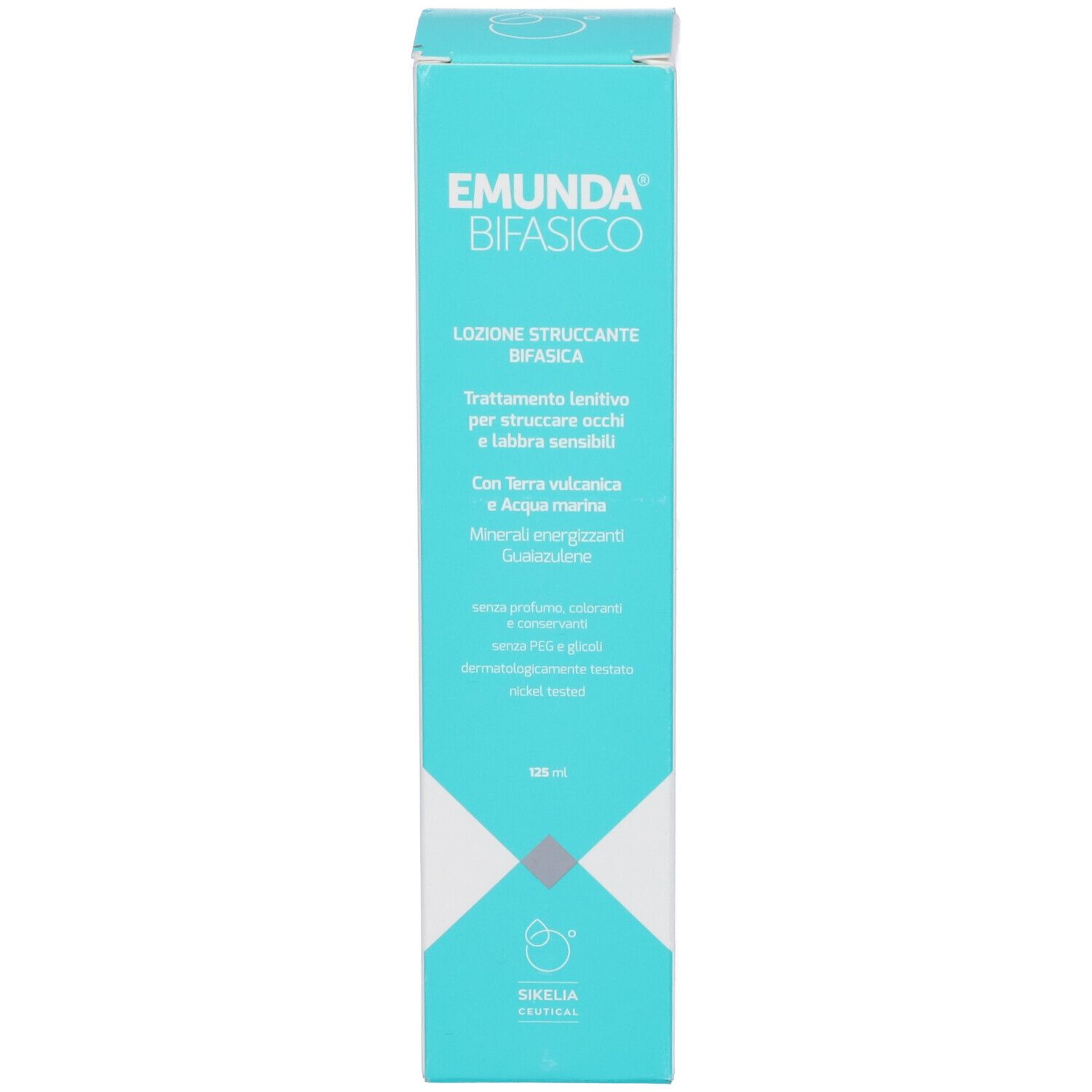 Confezione del prodotto. Scritta: EMUNDA BIFASICO. Testo: LOZIONE STRUCCANTE BIFASICA. 125 ml.