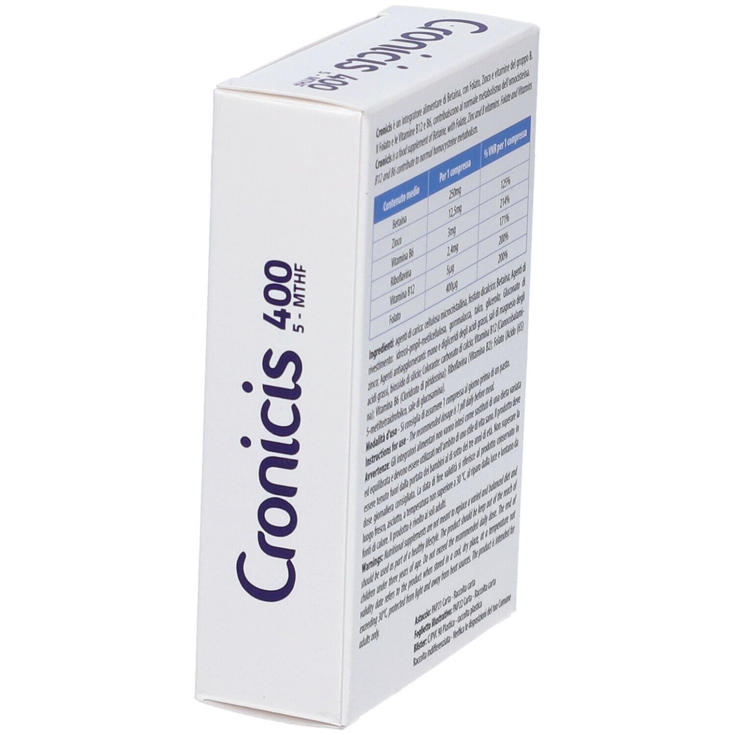 Confezione Cronicis 400, 30 compresse. Scatola bianca con riquadro blu, nome del prodotto e logo.