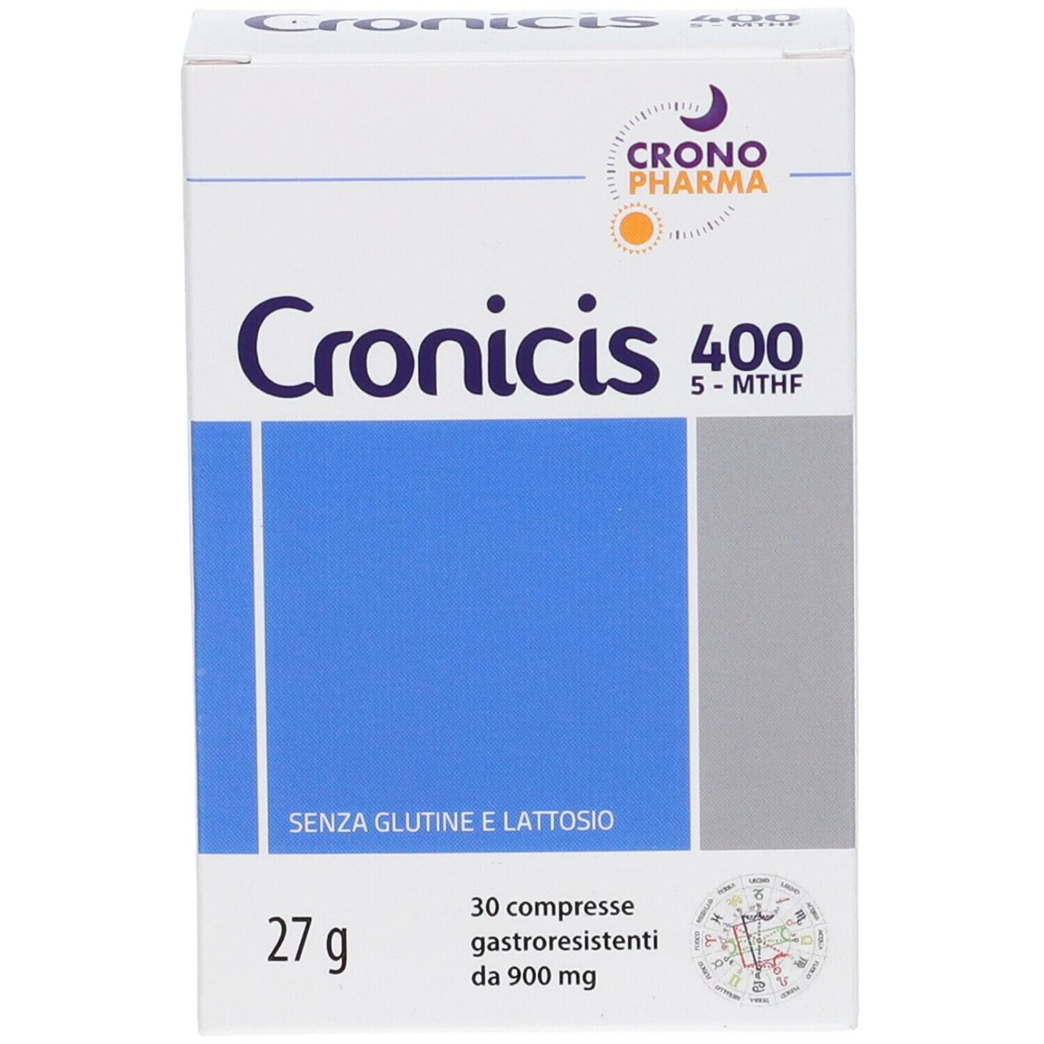Confezione Cronicis 400, 30 compresse. Scatola bianca con riquadro blu, nome del prodotto e logo.