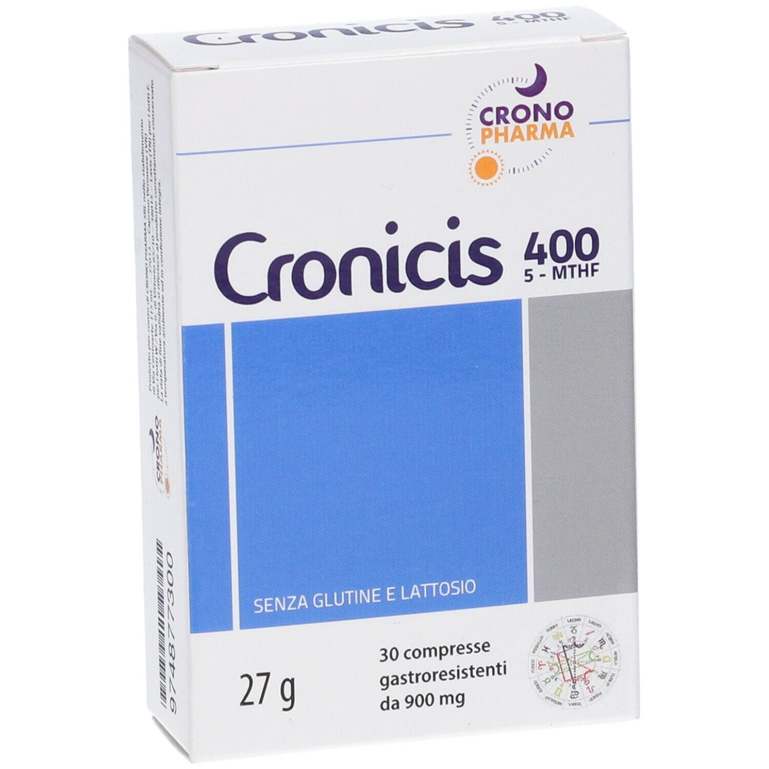 Confezione Cronicis 400, 30 compresse. Scatola bianca con riquadro blu, nome del prodotto e logo.