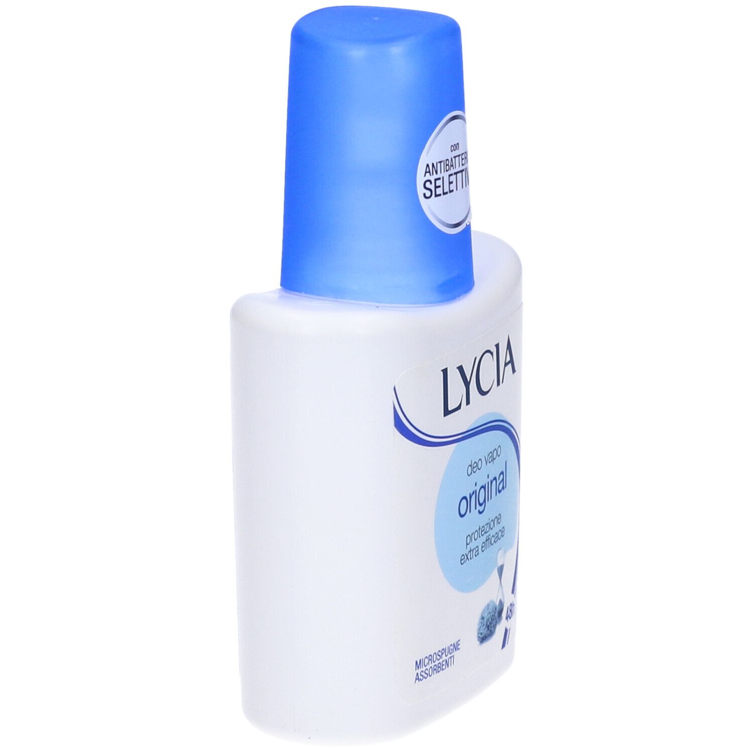 Flacone deodorante bianco con tappo blu. Scritte: LYCIA, original. Con antibatterico.