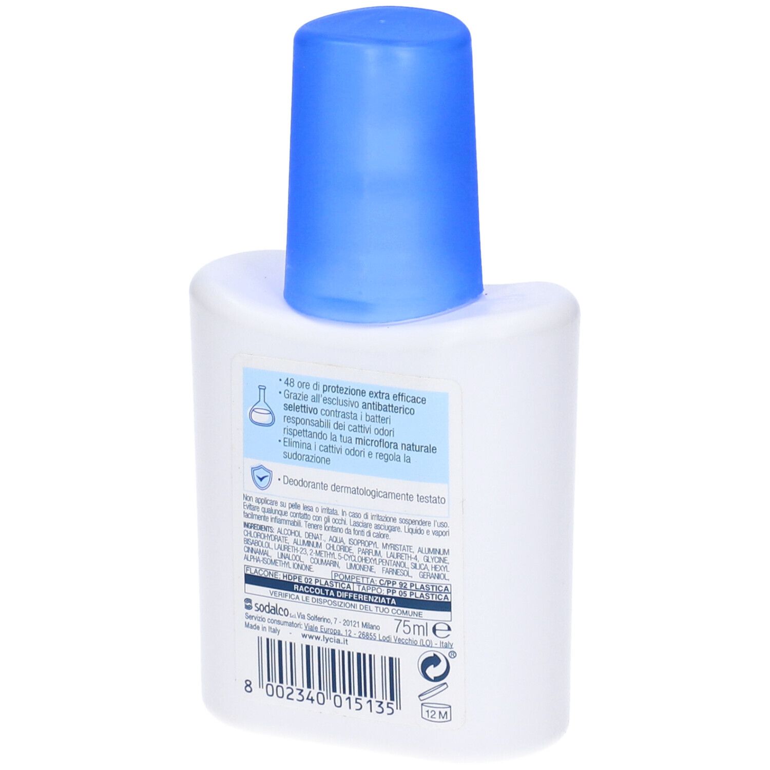 Retro di un flacone deodorante bianco con tappo blu. Informazioni testuali e ingredienti.