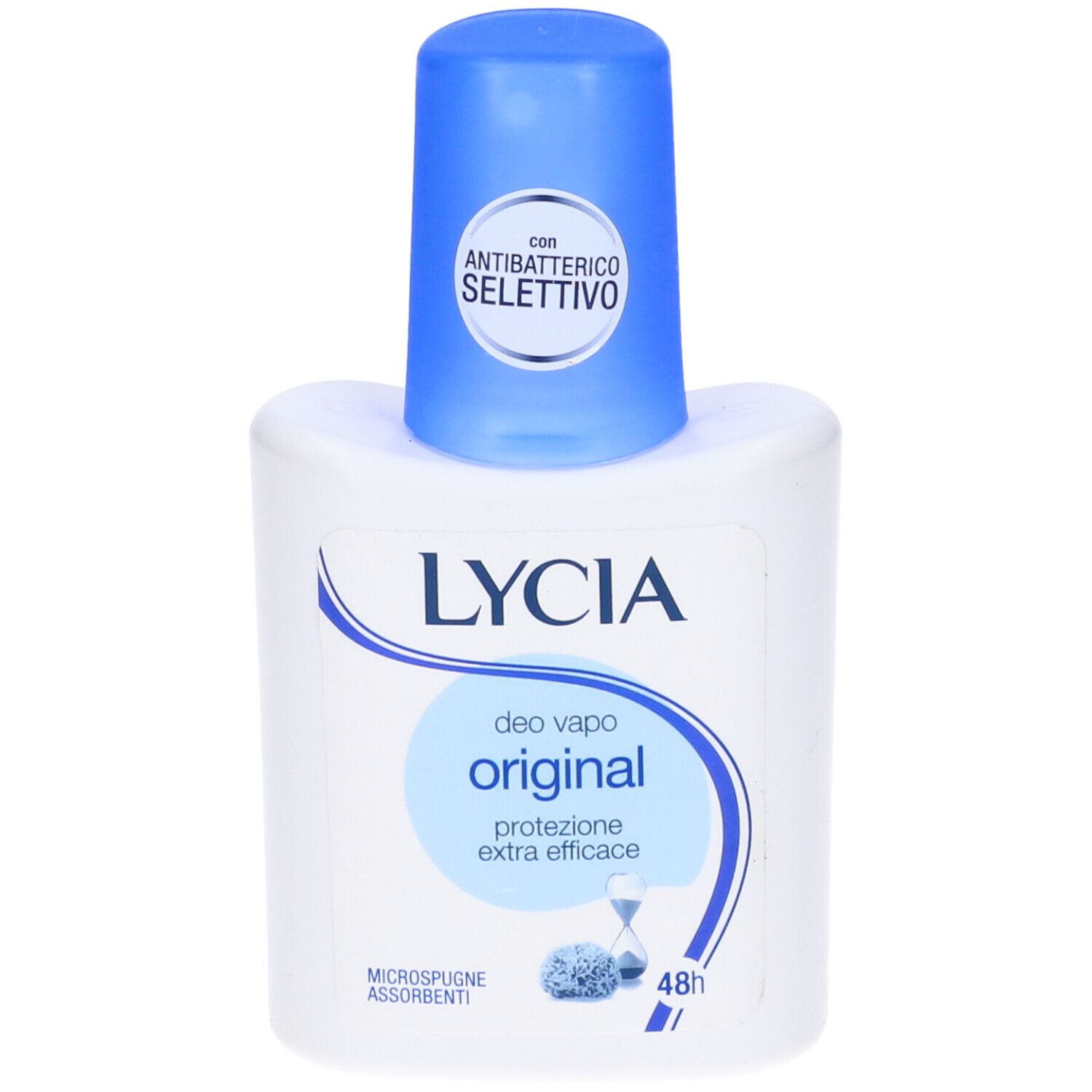 Flacone deodorante bianco con tappo blu. Scritte: LYCIA, original, protezione 48h. Con antibatterico.