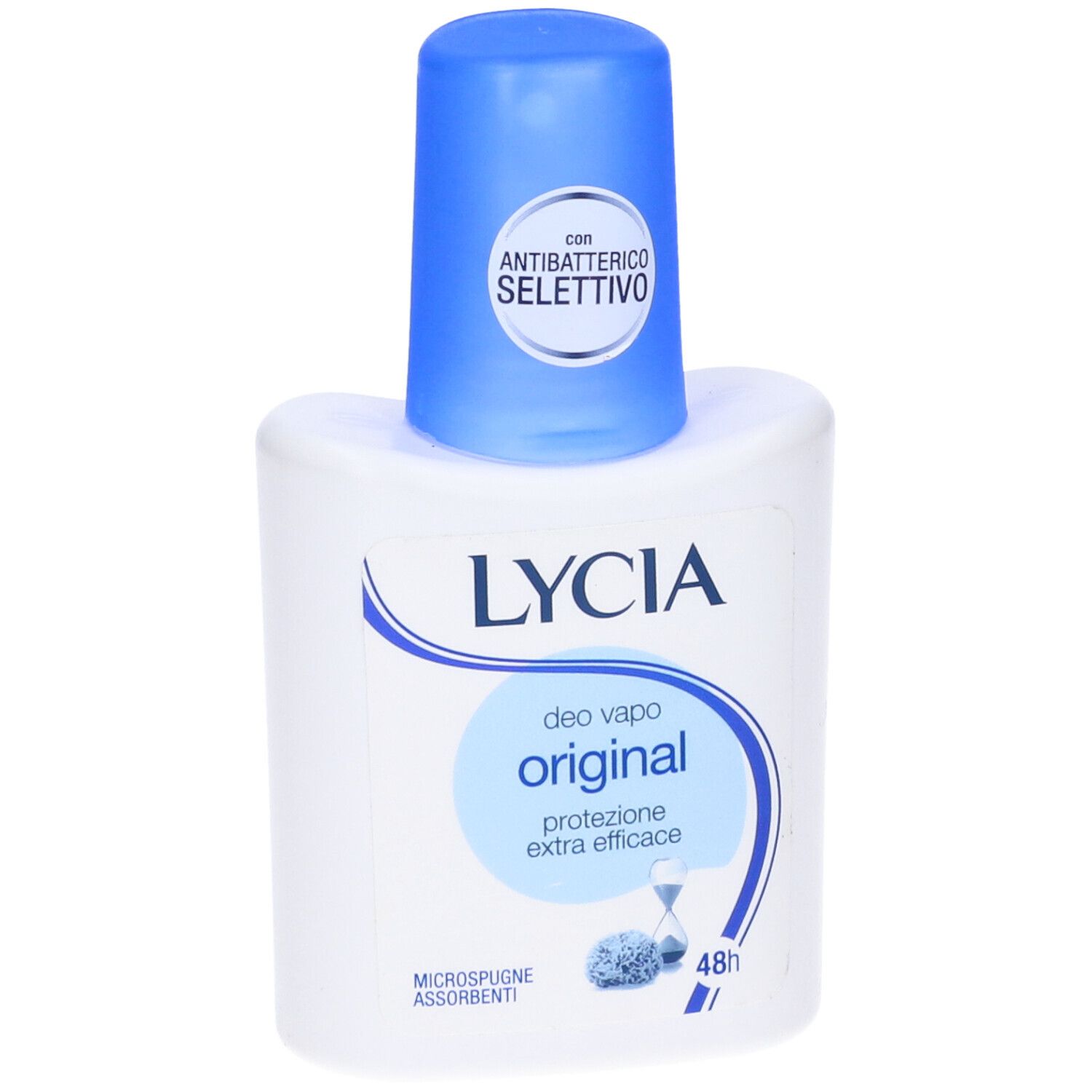 Flacone deodorante bianco con tappo blu. Scritte: LYCIA, original, protezione 48h. Con antibatterico.