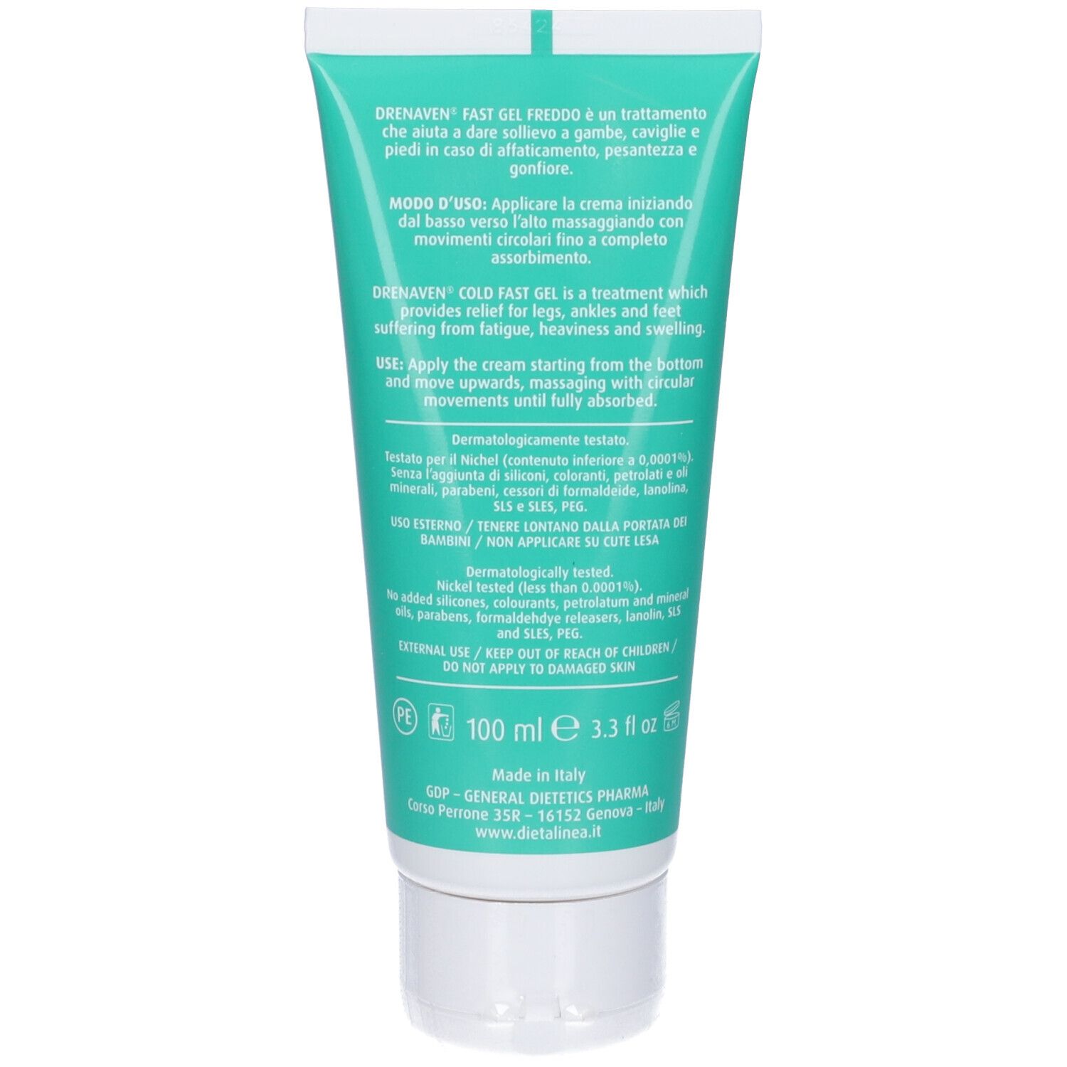 Retro del tubo. Testo in italiano e inglese. Dermatologicamente testato. 100 ml.