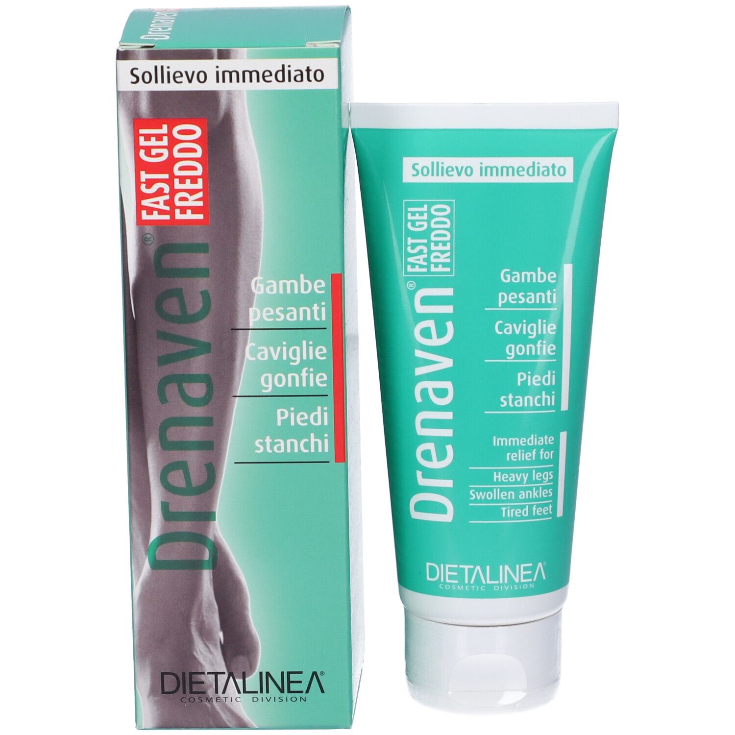 Prodotto e confezione affiancati. Tubo e scatola turchese. Scritta: Drenaven Fast Gel Freddo.
