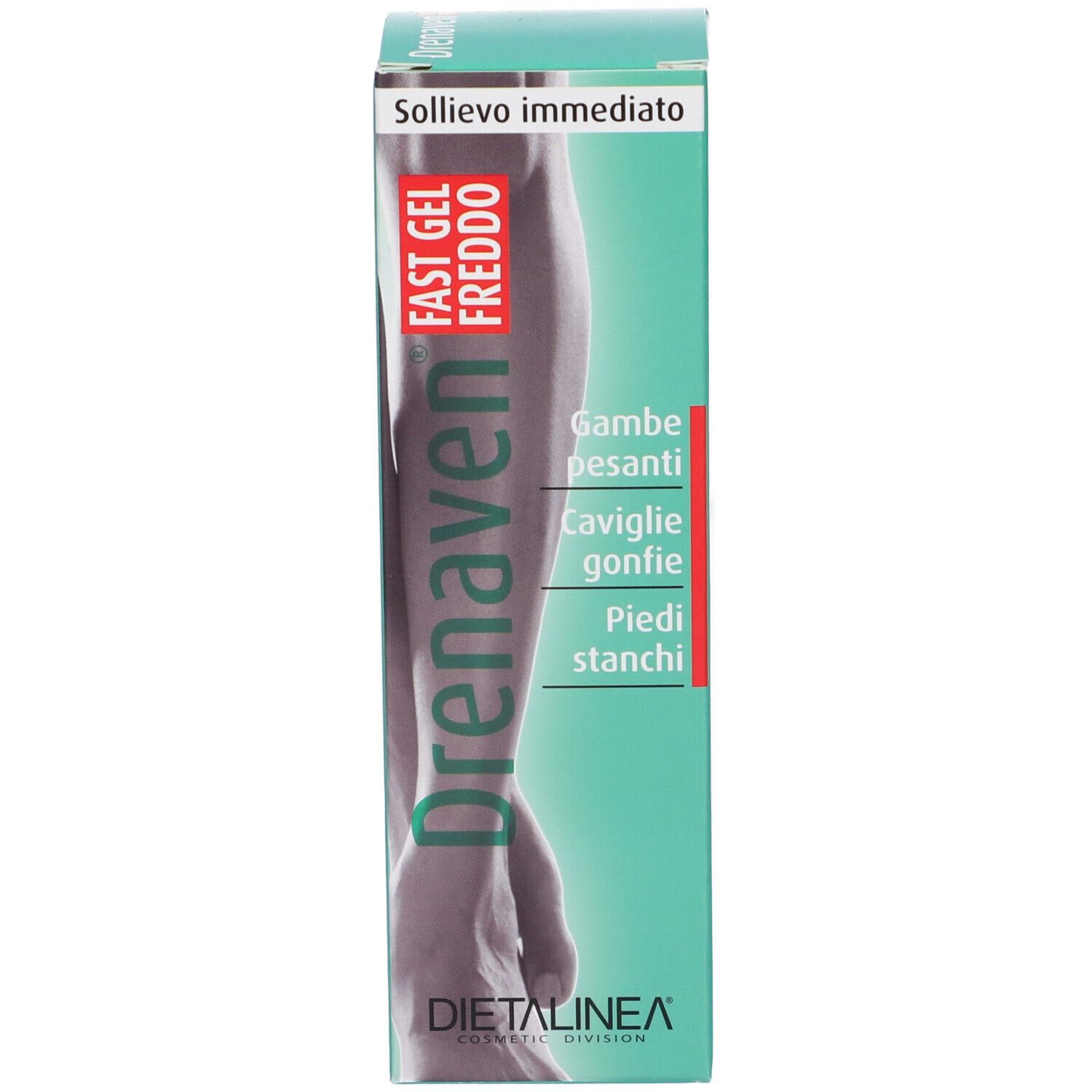 Scatola con prodotto. Scatola turchese con nome del prodotto e immagine della gamba. Scritta: Drenaven Fast Gel Freddo.