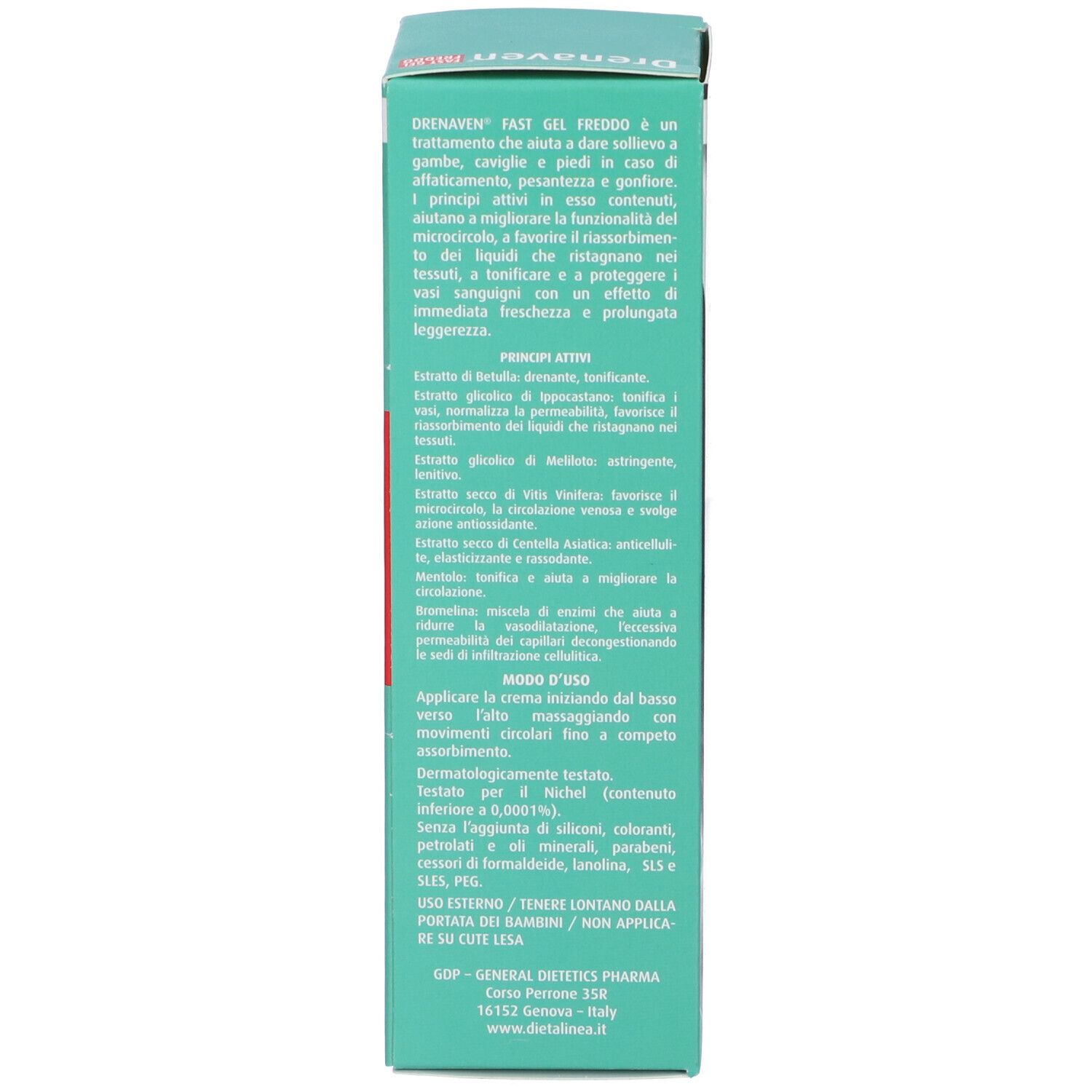 Lato della scatola. Testo in italiano. Scritta: Drenaven Fast Gel Freddo. Immagine di una gamba.