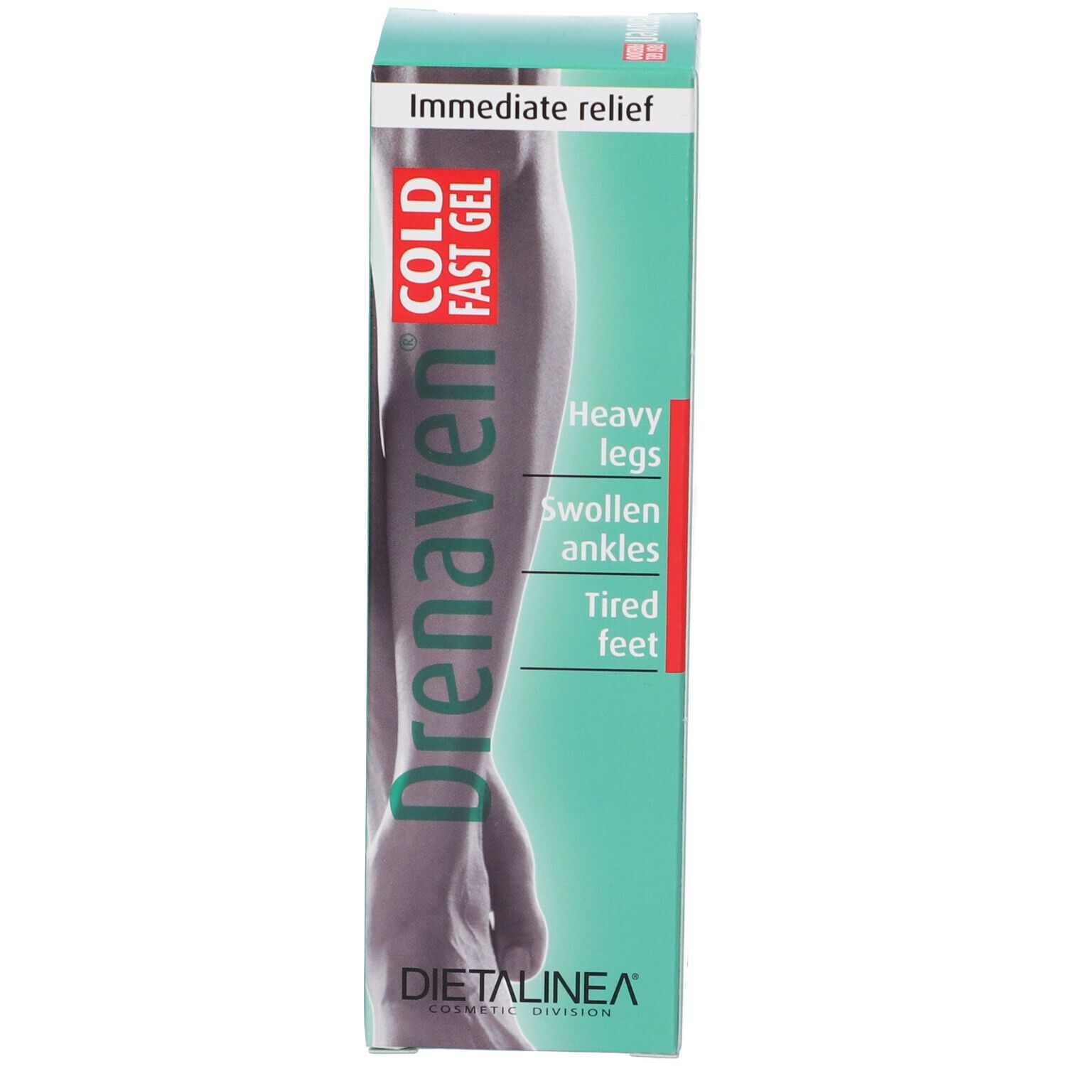 Lato della scatola. Testo in inglese. Scritta: Drenaven Cold Fast Gel. Immagine di una gamba.