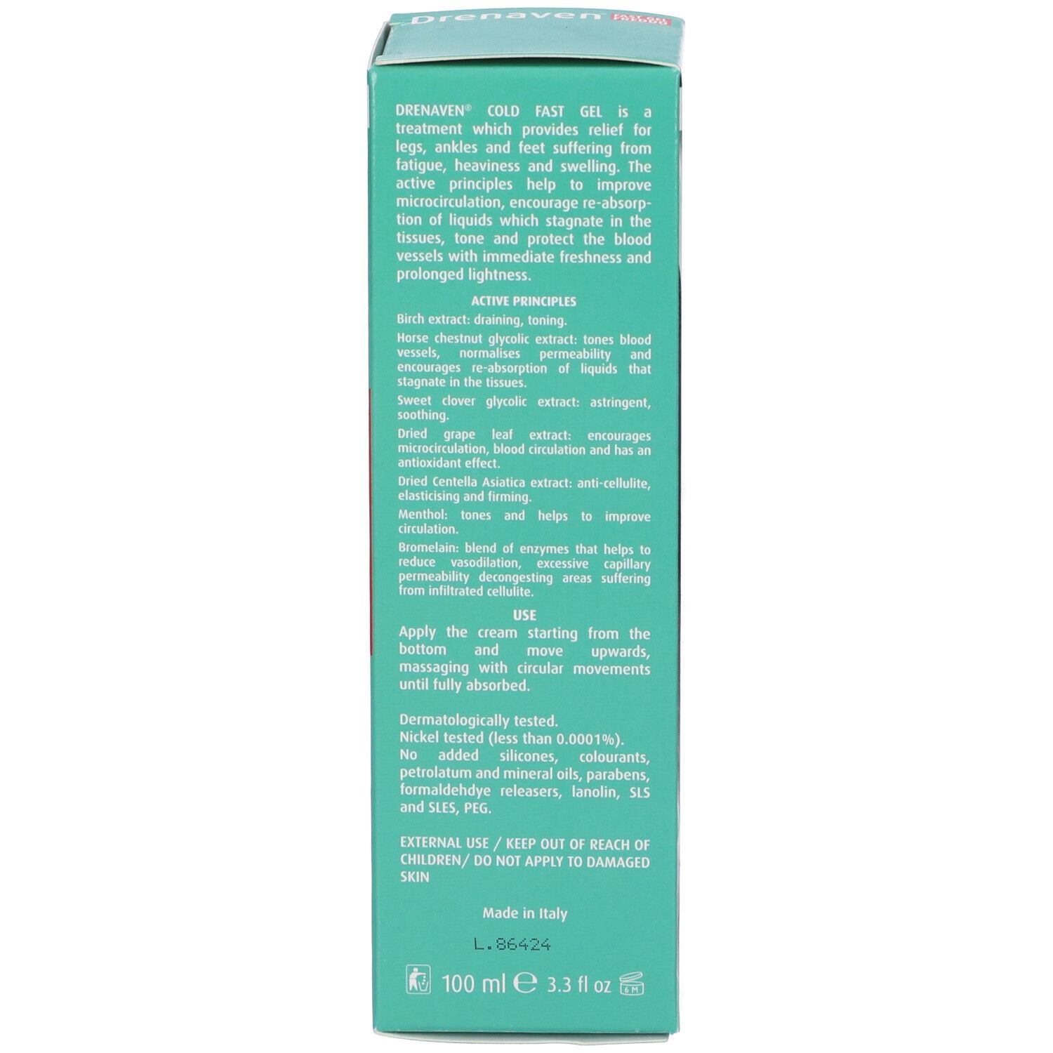 Retro della scatola. Testo in inglese. Ingredienti e istruzioni per l'uso. 100 ml.