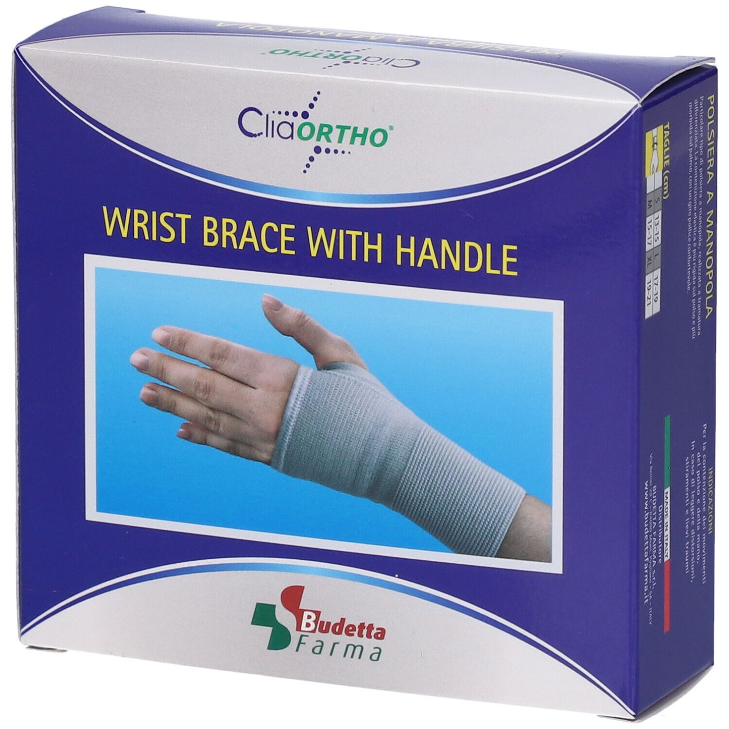 Confezione con polsiera. Scritta: Cliaortho, Wrist Brace with Handle. Immagine di una mano con bendaggio. Logo Budetta Farma.
