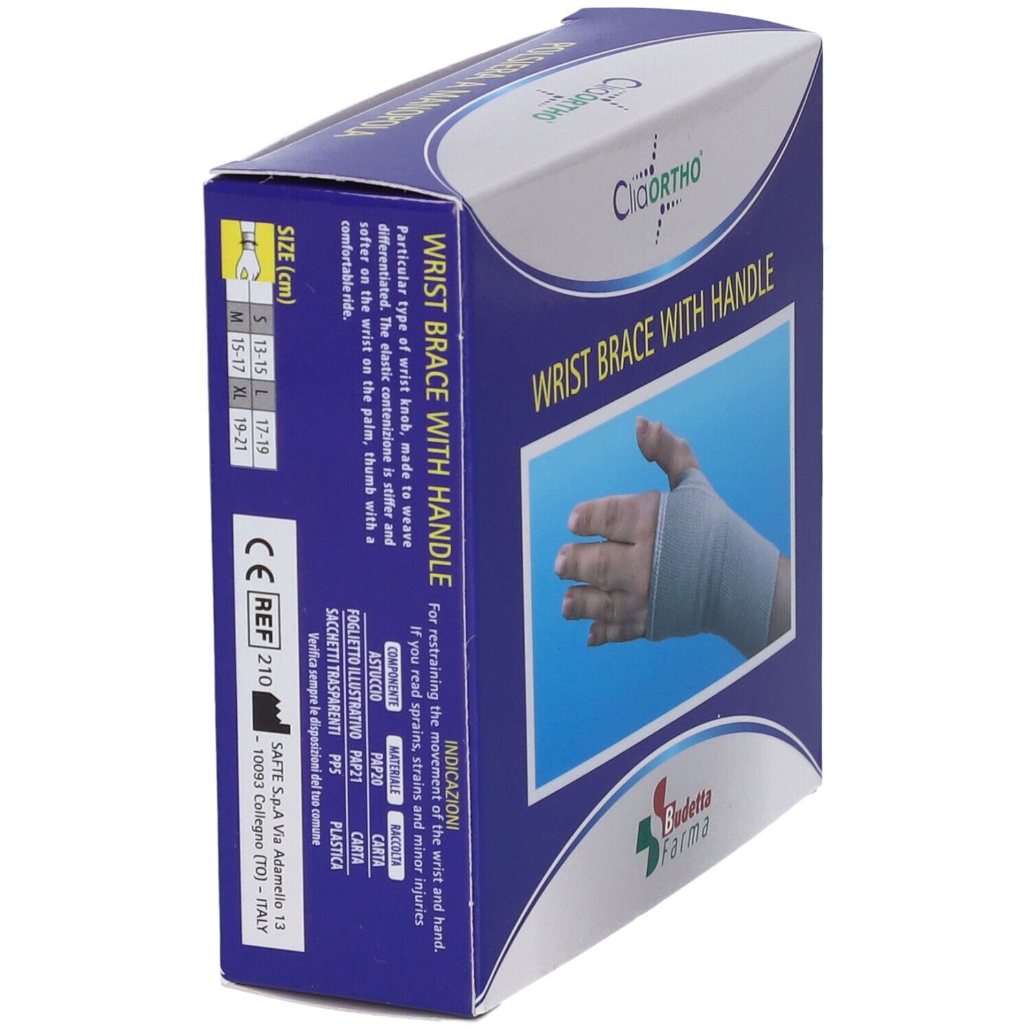 Confezione con polsiera. Scritta: Cliaortho, Wrist Brace with Handle. Indicazioni taglie. Logo Budetta Farma. Marchio CE.