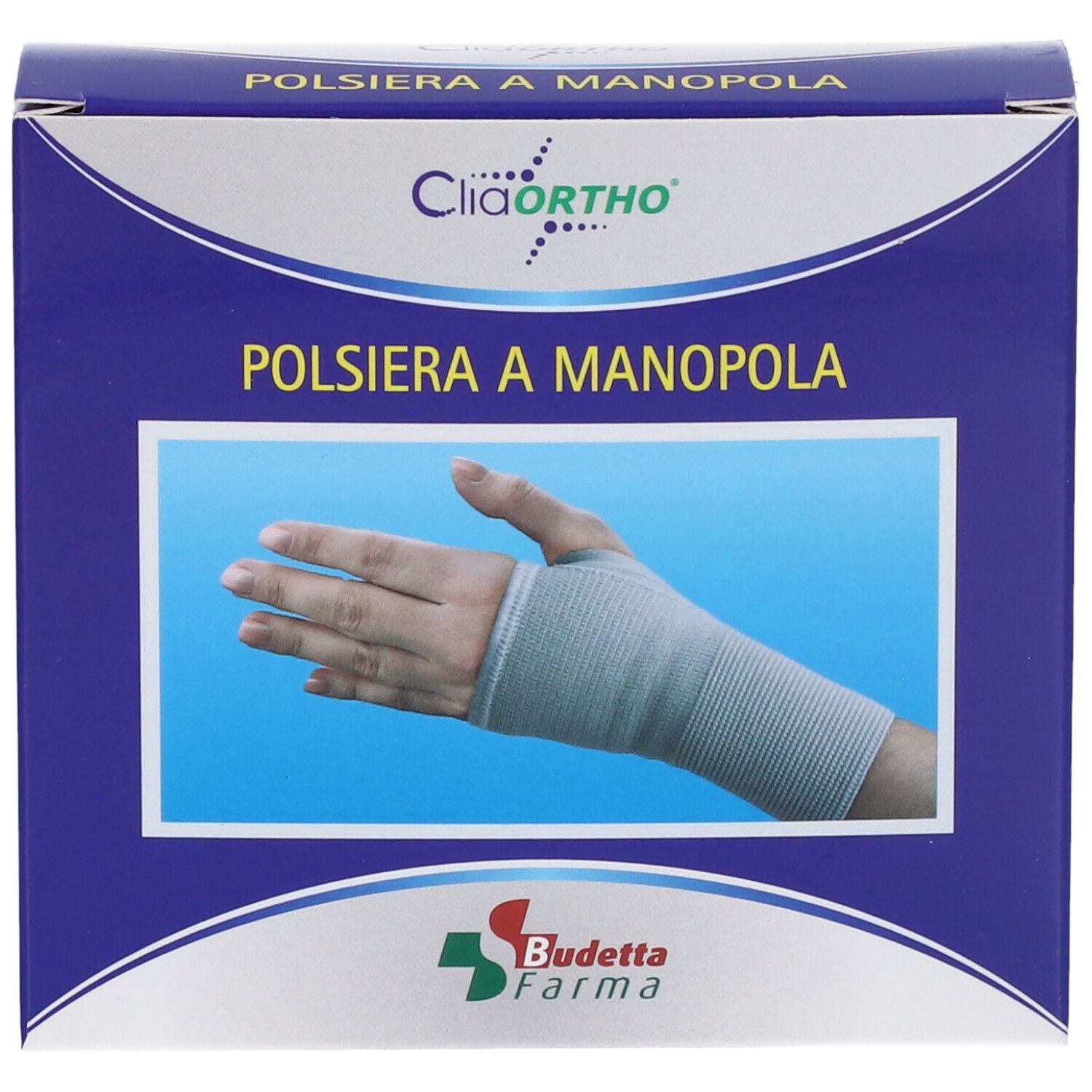 Confezione con polsiera. Scritta: Cliaortho, Polsiera a Manopola. Immagine di una mano con bendaggio. Logo Budetta Farma.