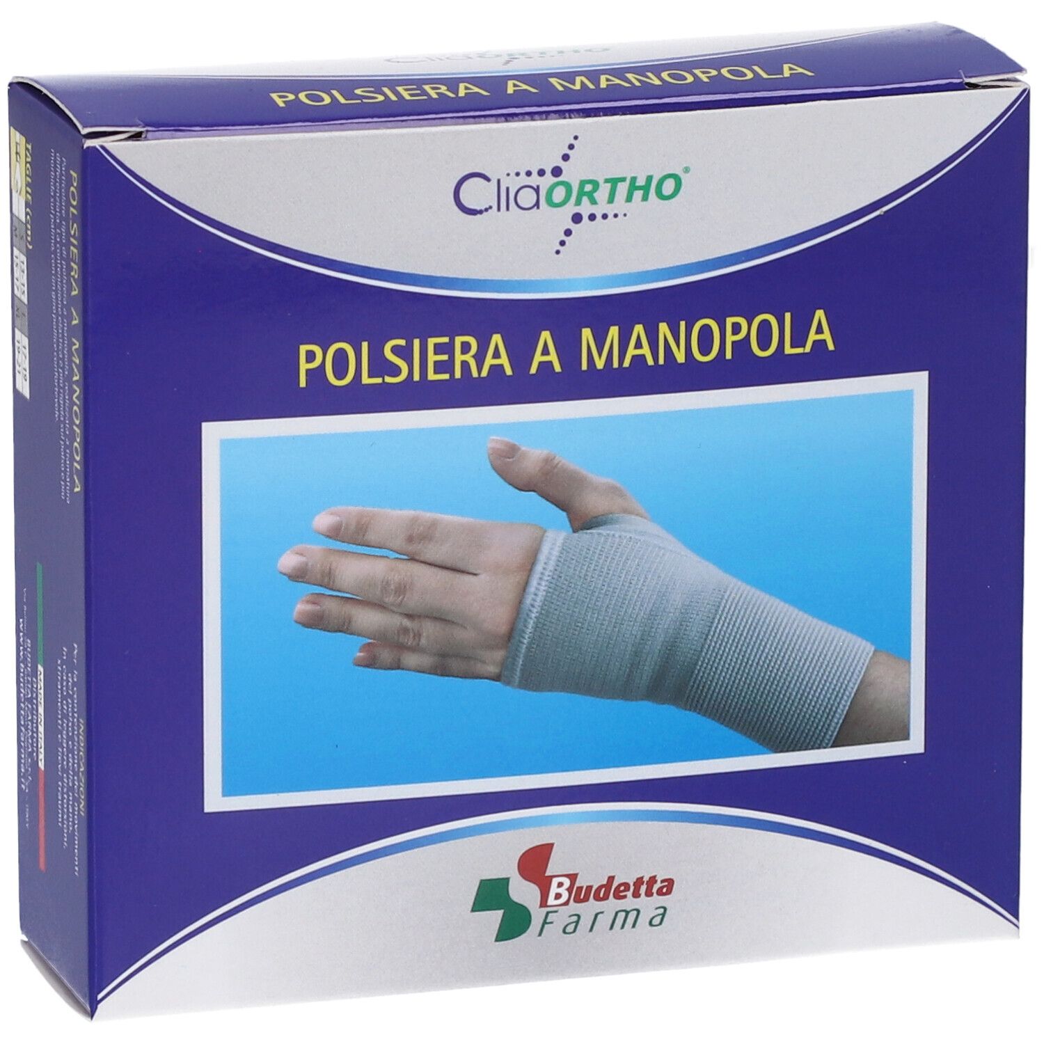 Confezione con polsiera. Scritta: Cliaortho, Polsiera a Manopola. Immagine di una mano con bendaggio. Logo Budetta Farma.