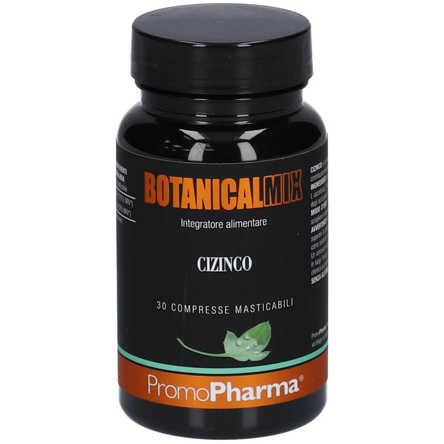 Flacone nero con etichetta BOTANICALMIX CIZINCO. 30 compresse masticabili. Marchio PROMO PHARMA.