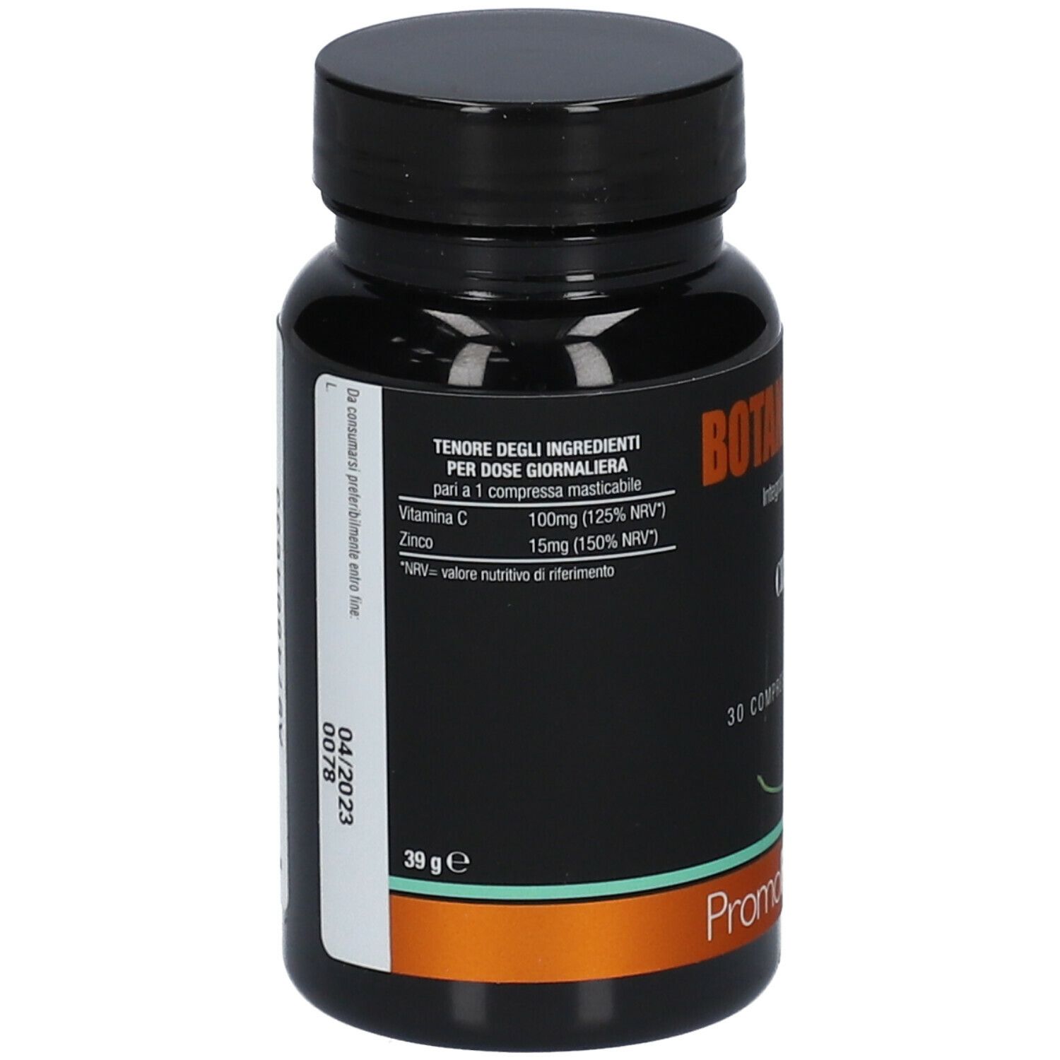 Flacone nero con etichetta BOTANICALMIX CIZINCO. Elenco ingredienti e informazioni nutrizionali.