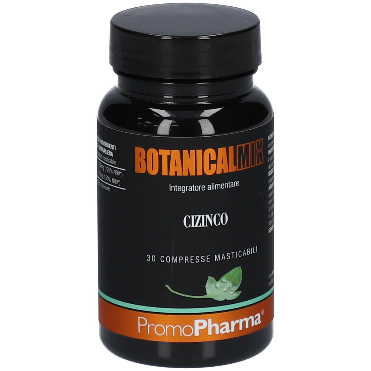 Flacone nero con etichetta BOTANICALMIX CIZINCO. 30 compresse masticabili. Marchio PROMO PHARMA.