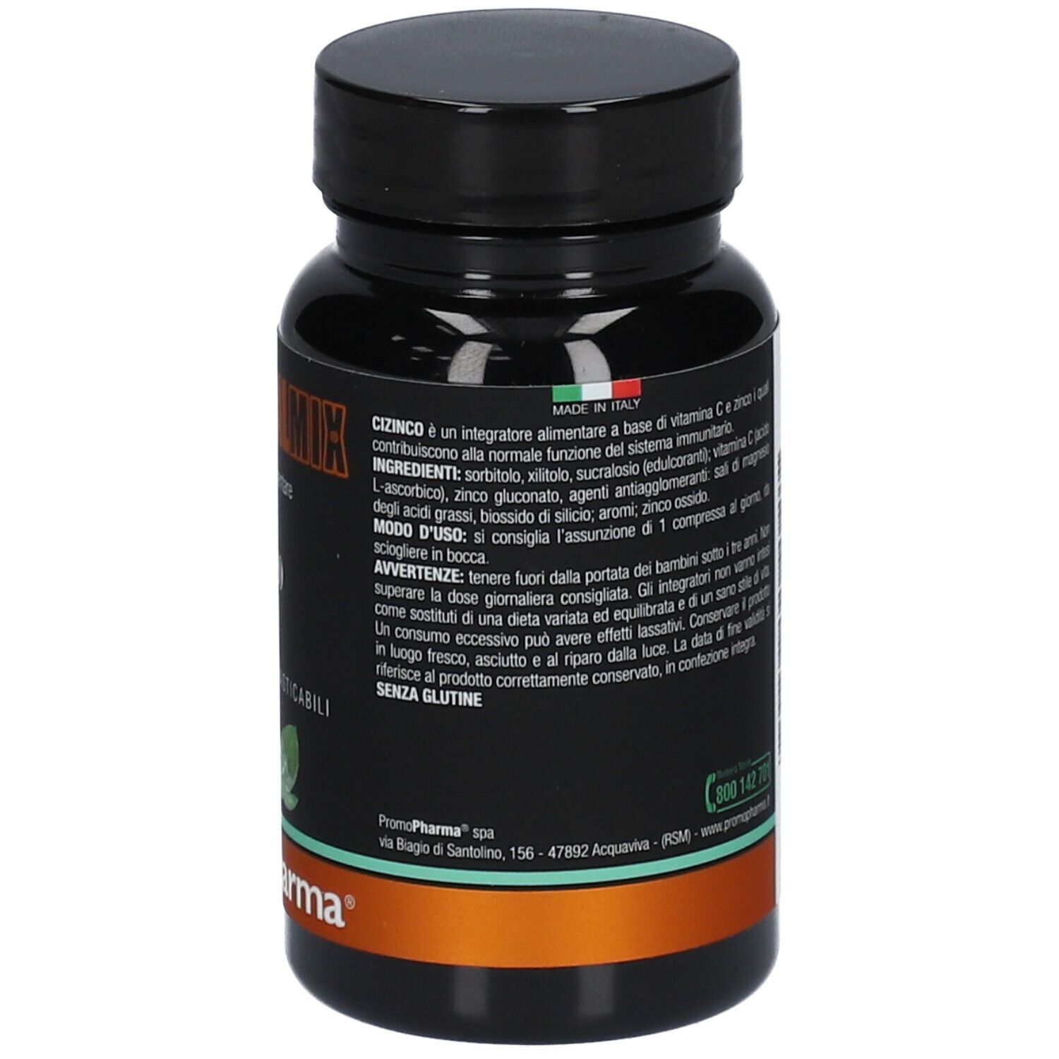 Flacone nero con etichetta BOTANICALMIX CIZINCO. Ingredienti, avvertenze e contatti.
