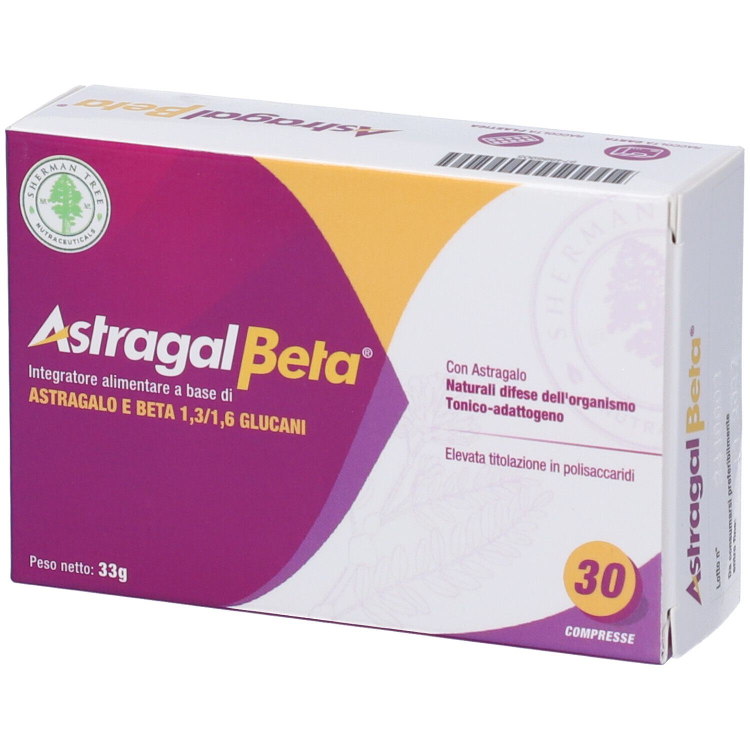 Scatola di Astragal Beta. Viola, giallo, bianco. 30 compresse. Testo: Astragal Beta, Integratore alimentare a base di Astragalo e Beta 1,3/1,6 Glucani.