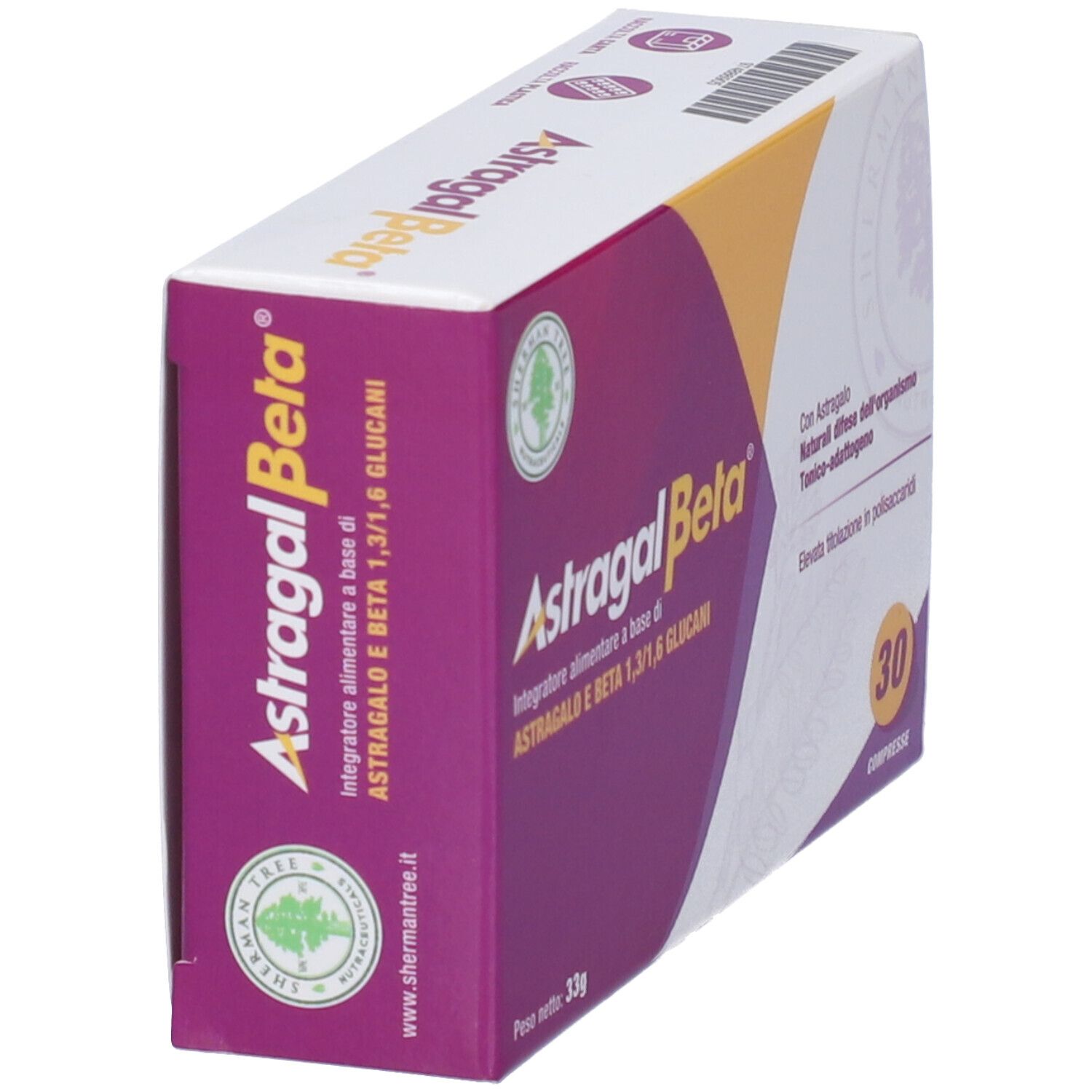 Scatola di Astragal Beta. Viola, giallo, bianco. 30 compresse. Testo: Astragal Beta, Integratore alimentare a base di Astragalo e Beta 1,3/1,6 Glucani.