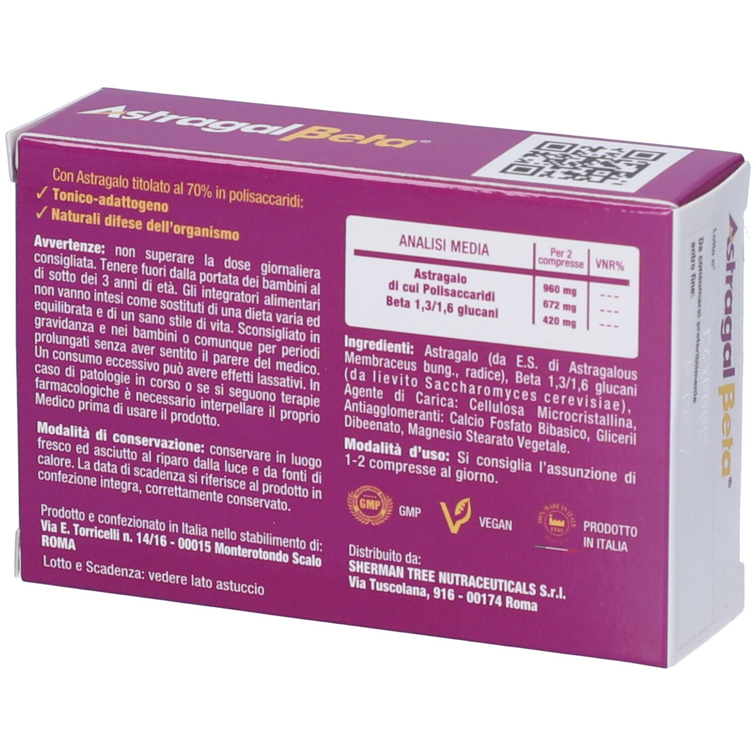 Retro della scatola di Astragal Beta. Viola, bianco. Testo: Ingredienti, istruzioni per l'uso, avvertenze, informazioni del produttore.