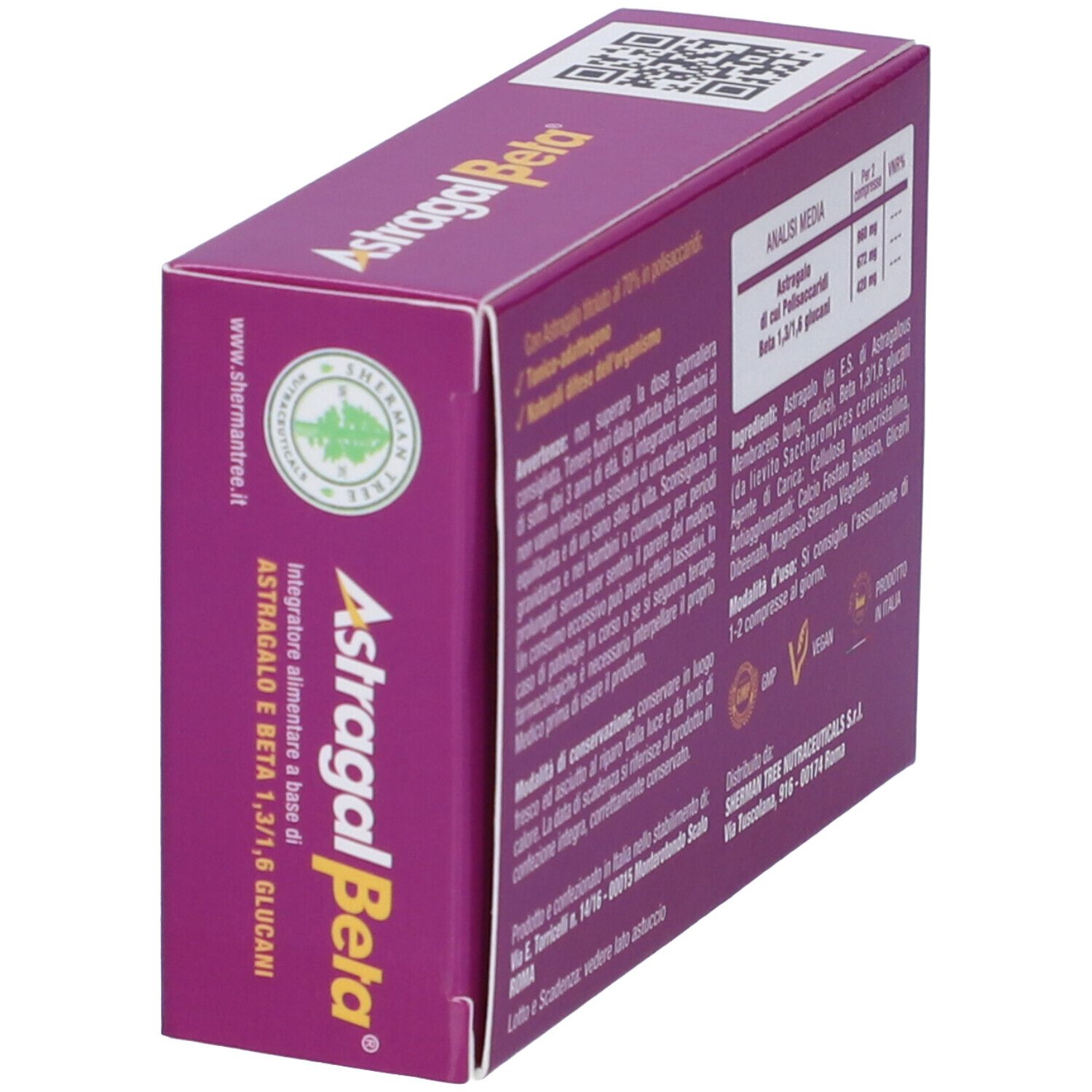 Scatola di Astragal Beta. Viola, giallo, bianco. 30 compresse. Testo: Astragal Beta, Integratore alimentare a base di Astragalo e Beta 1,3/1,6 Glucani.