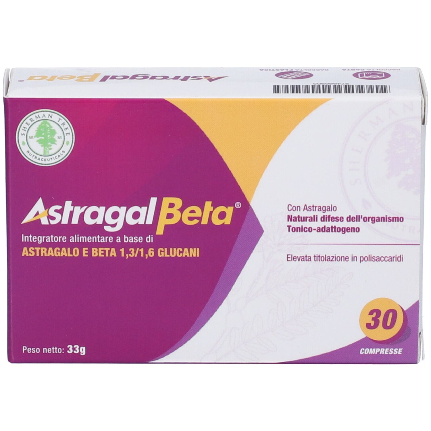 Scatola di Astragal Beta. Viola, giallo, bianco. 30 compresse. Testo: Astragal Beta, Integratore alimentare a base di Astragalo e Beta 1,3/1,6 Glucani.