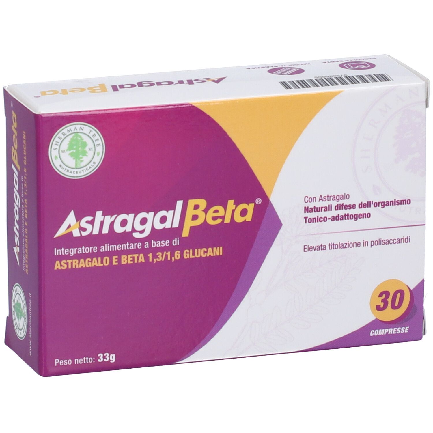 Scatola di Astragal Beta. Viola, giallo, bianco. 30 compresse. Testo: Astragal Beta, Integratore alimentare a base di Astragalo e Beta 1,3/1,6 Glucani.